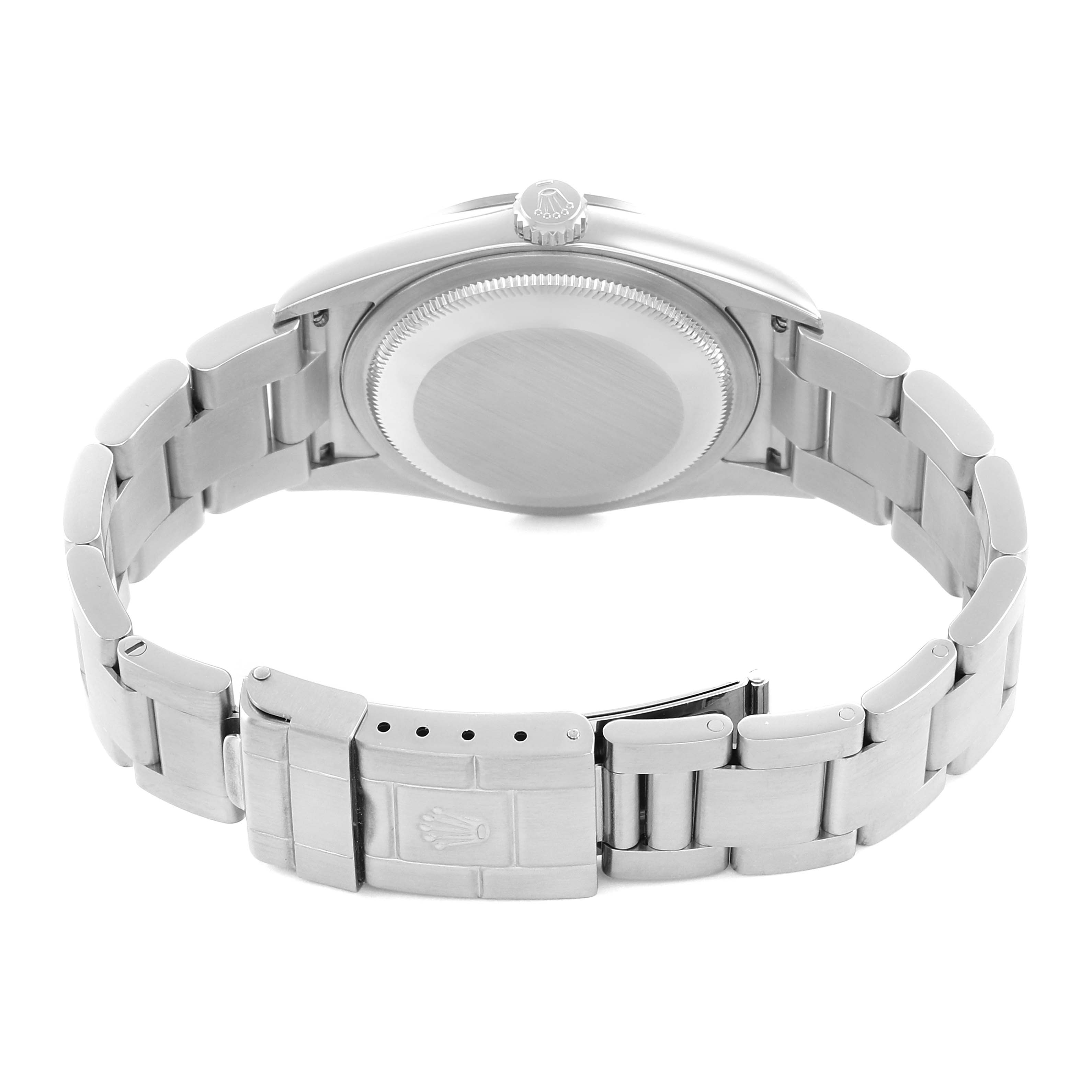 The image shows the back and side of the Rolex Explorer 114270 Men's Stainless Steel Black Dial, highlighting the bracelet, clasp, and caseback.