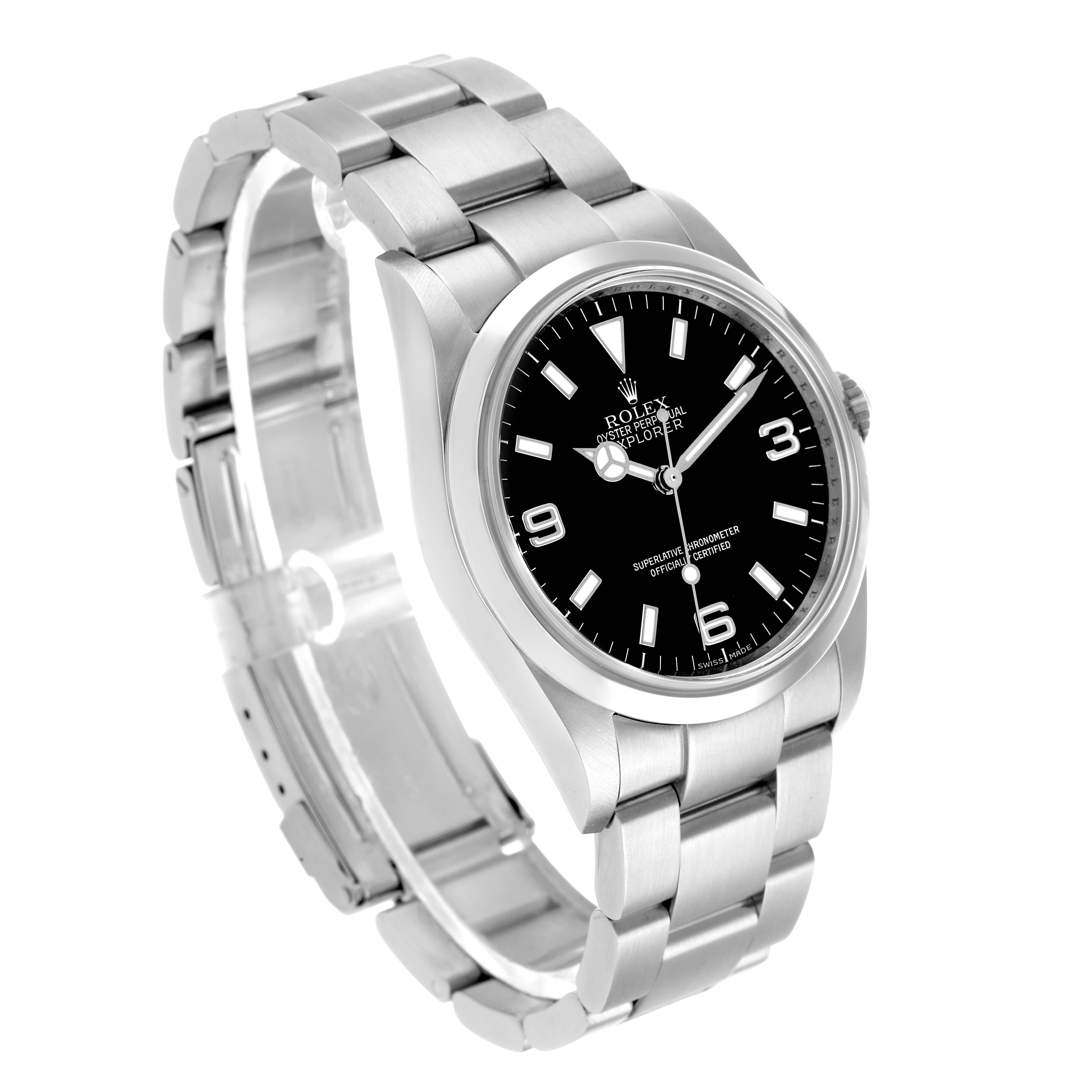 The Rolex Explorer 114270 Men's Stainless Steel Black Dial watch is shown at a slight angle, highlighting the dial, bezel, and stainless steel bracelet.