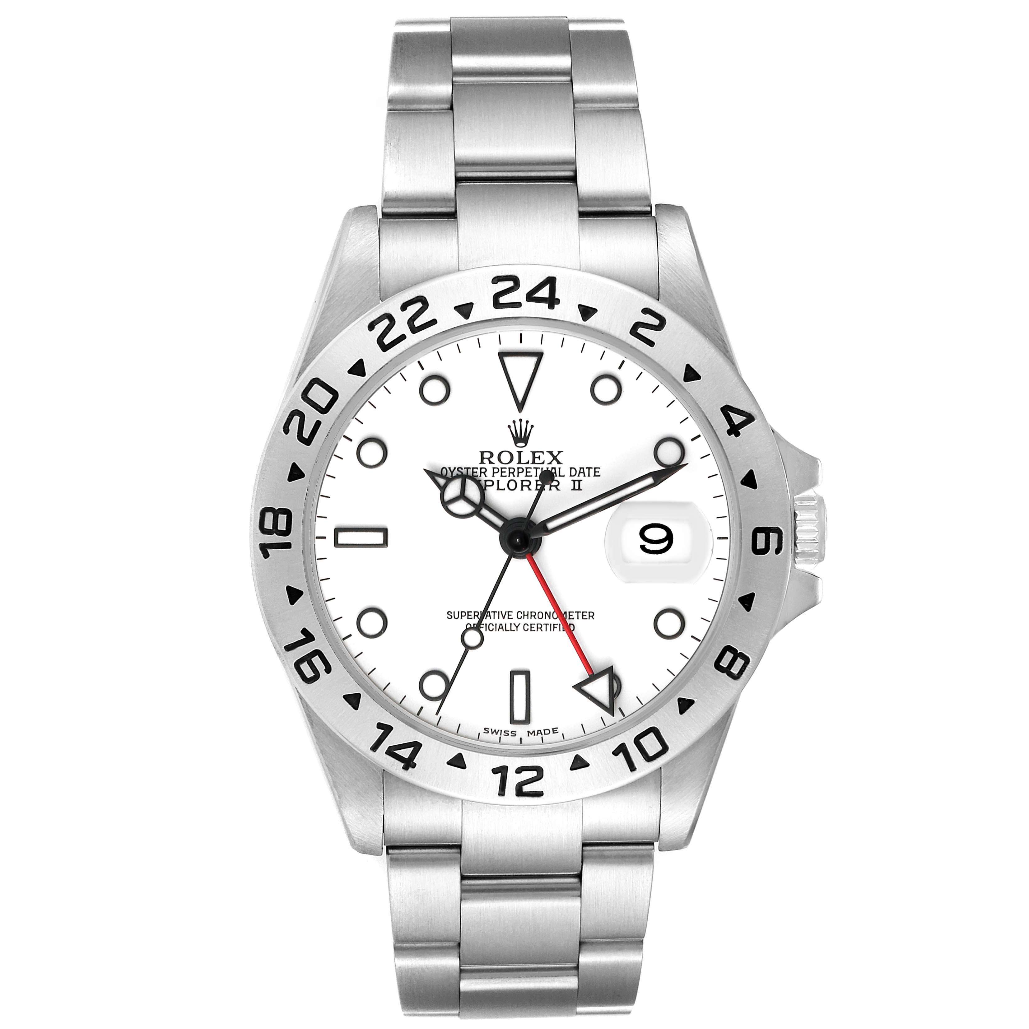 The image shows a front view of a Rolex Explorer 16570 Men's Stainless Steel White Dial 16570 Men's Stainless Steel White Dial watch, highlighting the dial, bezel, and bracelet.