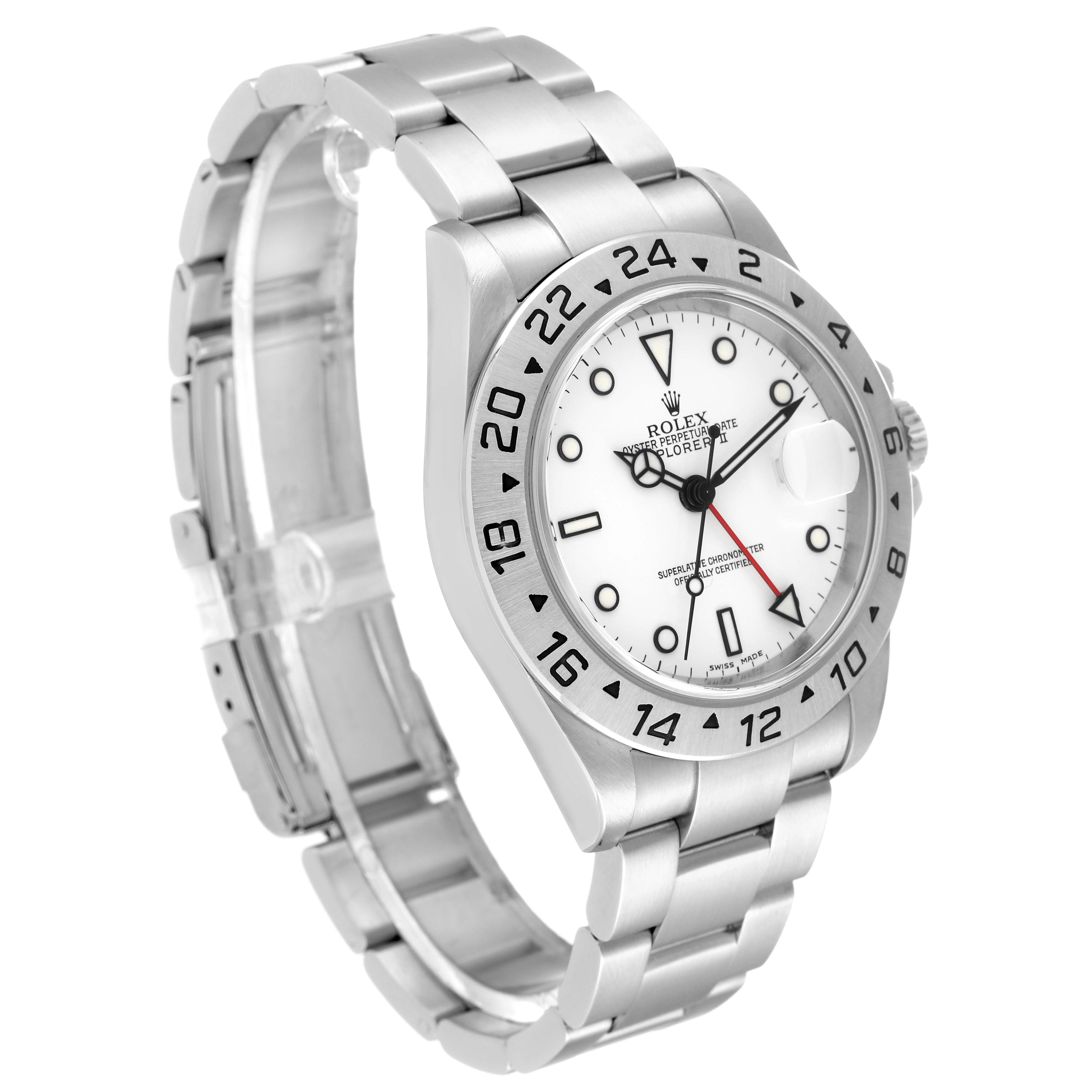 This angled view of the Rolex Explorer 16570 Men's Stainless Steel White Dial 16570 Men's Stainless Steel White Dial watch shows the face, bezel, crown, and bracelet.