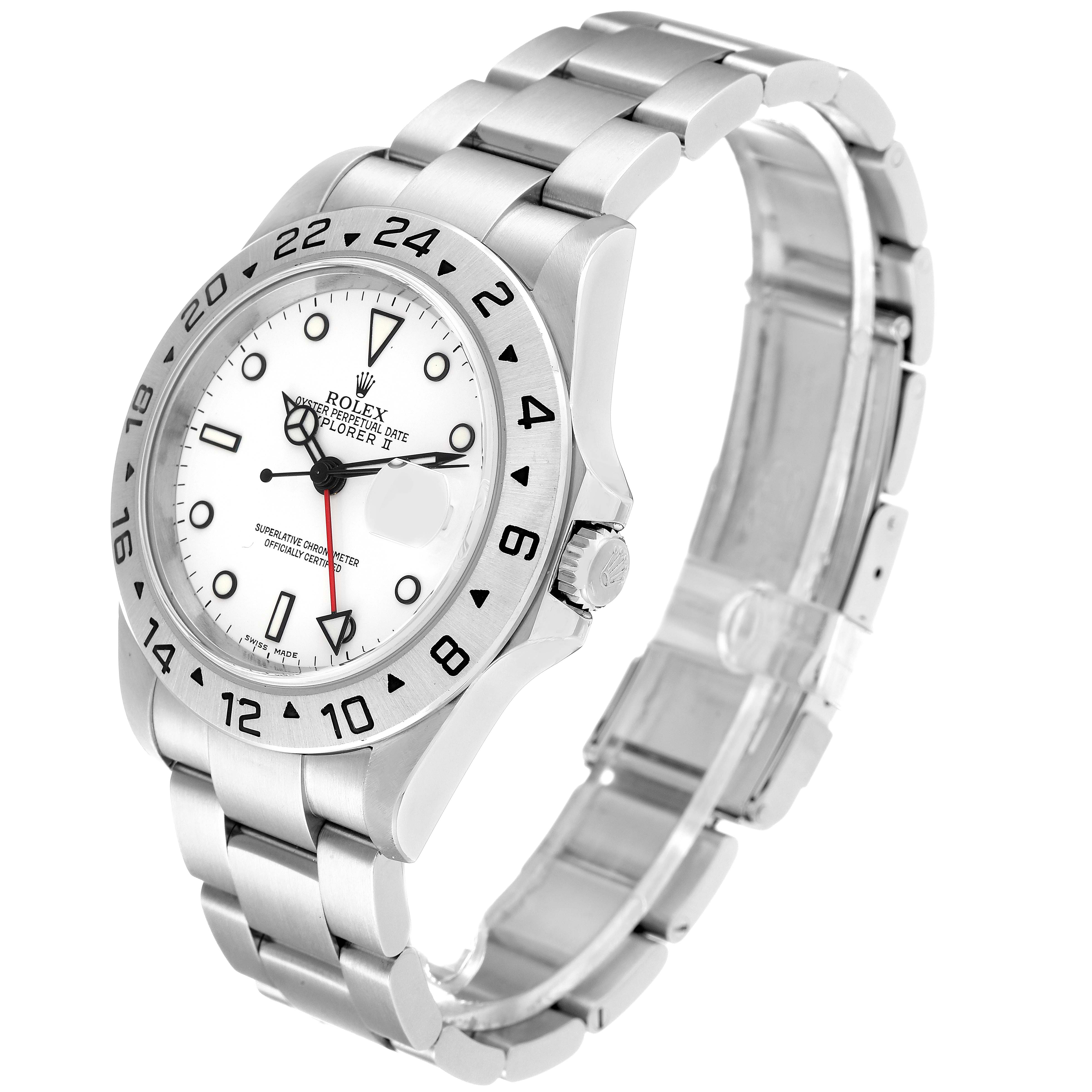 The image shows a side view angle of the Rolex Explorer 16570 Men's Stainless Steel White Dial 16570 Men's Stainless Steel White Dial watch displaying its face, bezel, crown, and metal bracelet.