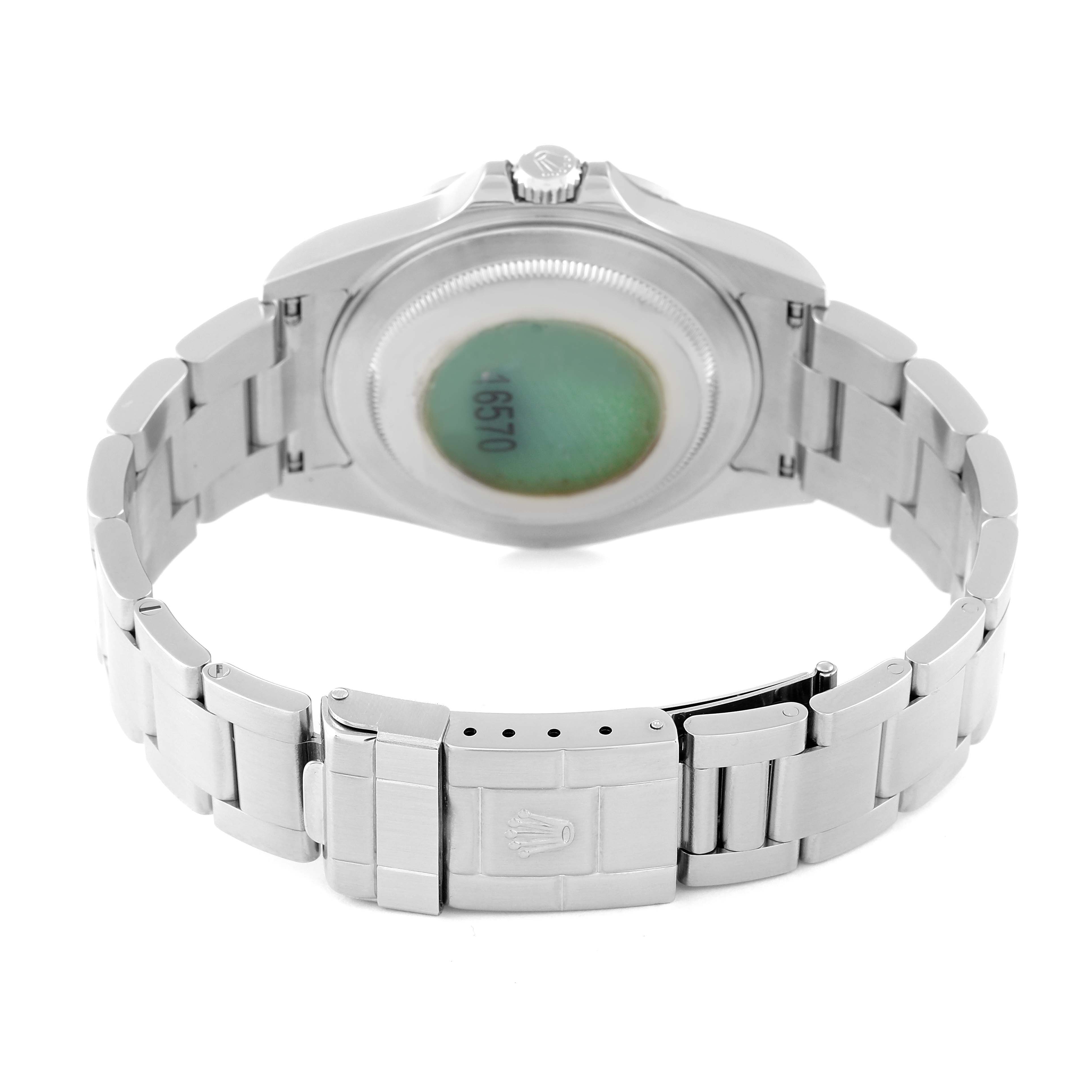 The image shows the back view of a Rolex Explorer 16570 Men's Stainless Steel White Dial 16570 Men's Stainless Steel White Dial watch, highlighting the case back and the bracelet with the clasp.