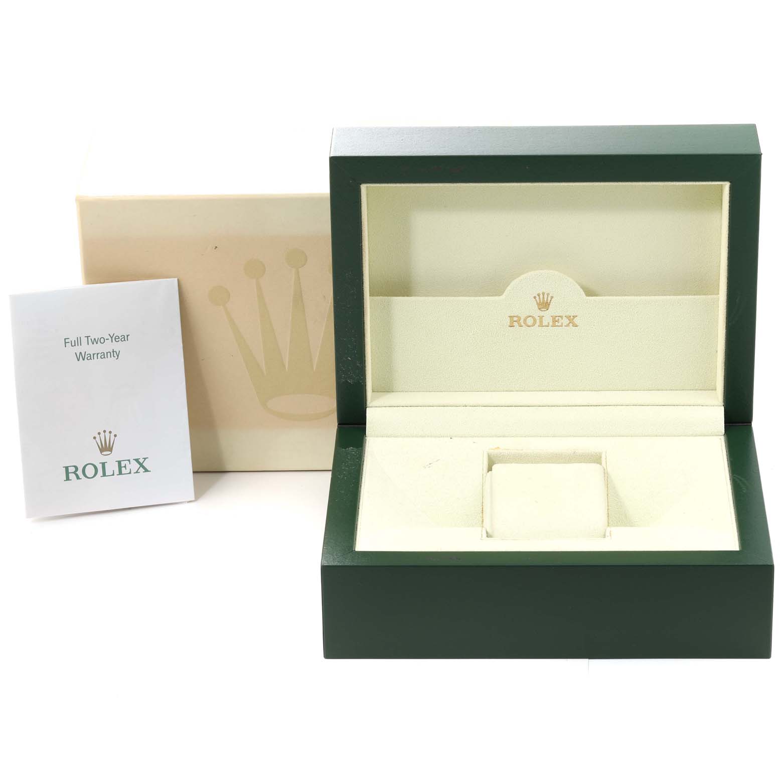The image shows a Rolex Explorer 16570 Men's Stainless Steel White Dial 16570 Men's Stainless Steel White Dial watch box set with warranty card, viewed from the front.