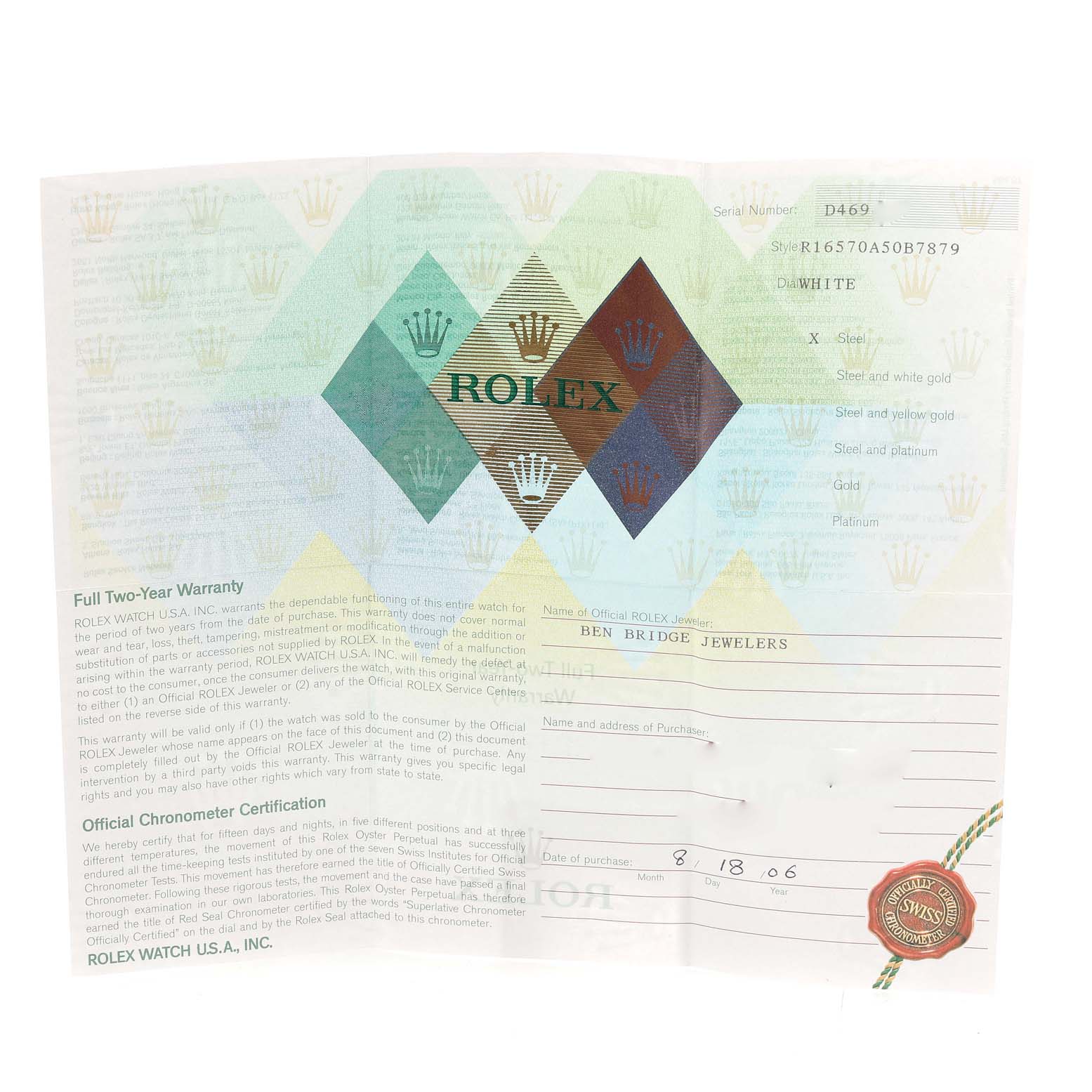 This image shows the warranty certificate and documentation for a Rolex Explorer 16570 Men's Stainless Steel White Dial 16570 Men's Stainless Steel White Dial model watch.