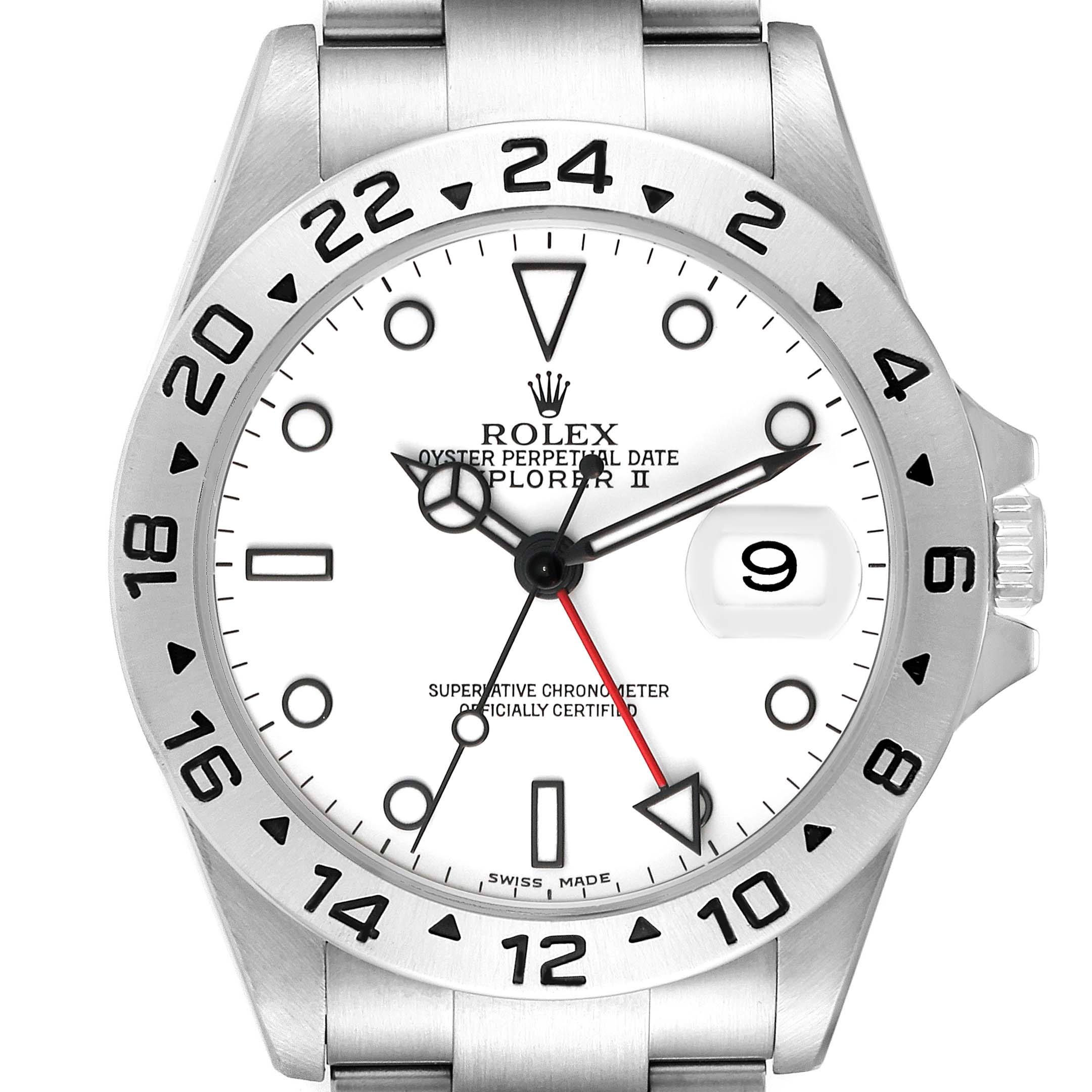 The image shows a frontal view of the Rolex Explorer 16570 Men's Stainless Steel White Dial 16570 Men's Stainless Steel White Dial watch displaying its dial, bezel, and part of the bracelet.