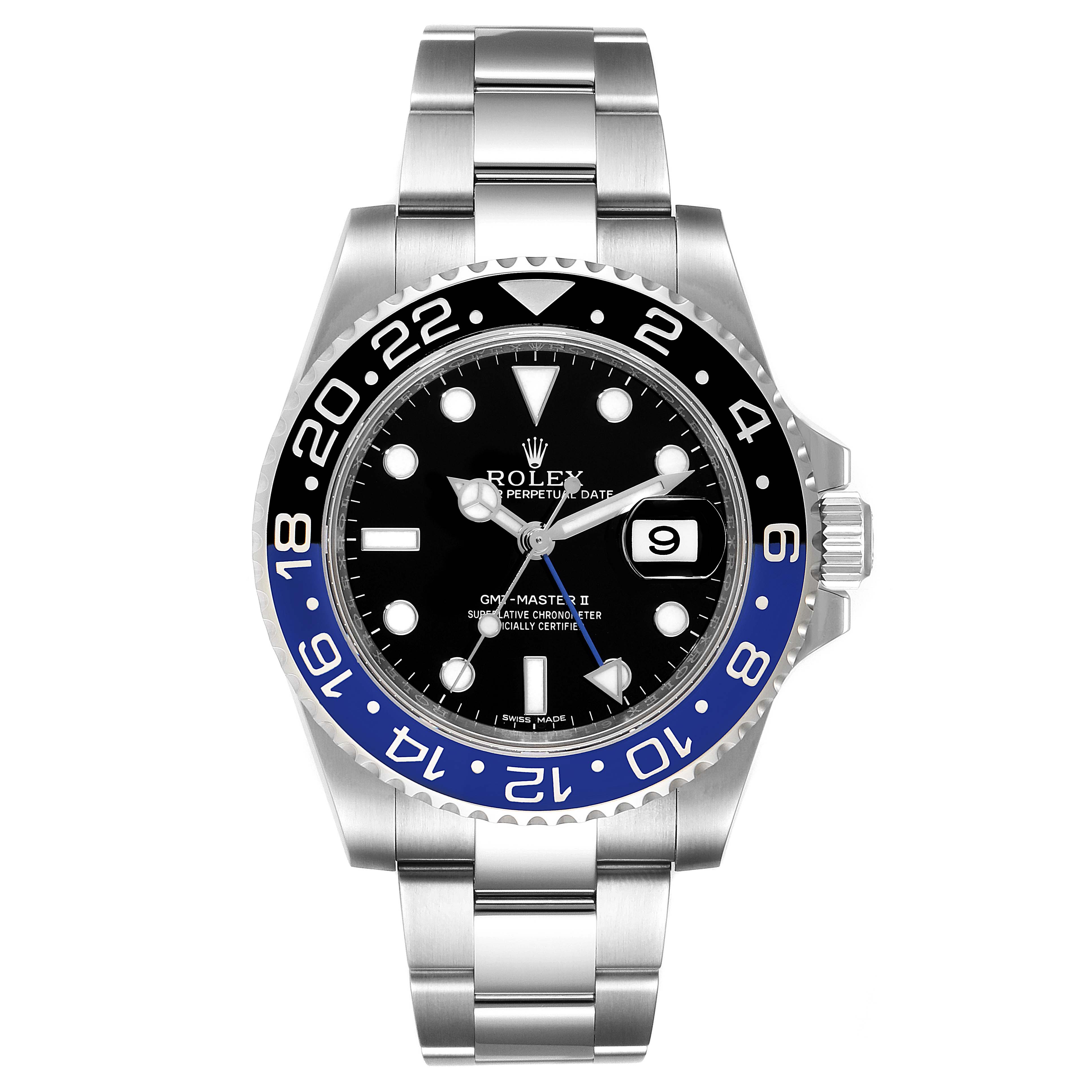This image shows a frontal view of the Rolex GMT-Master 116710 Men's Stainless Steel Black Dial 116710 Men's Stainless Steel Black Dial II watch, highlighting its bezel, dial, hands, and bracelet.