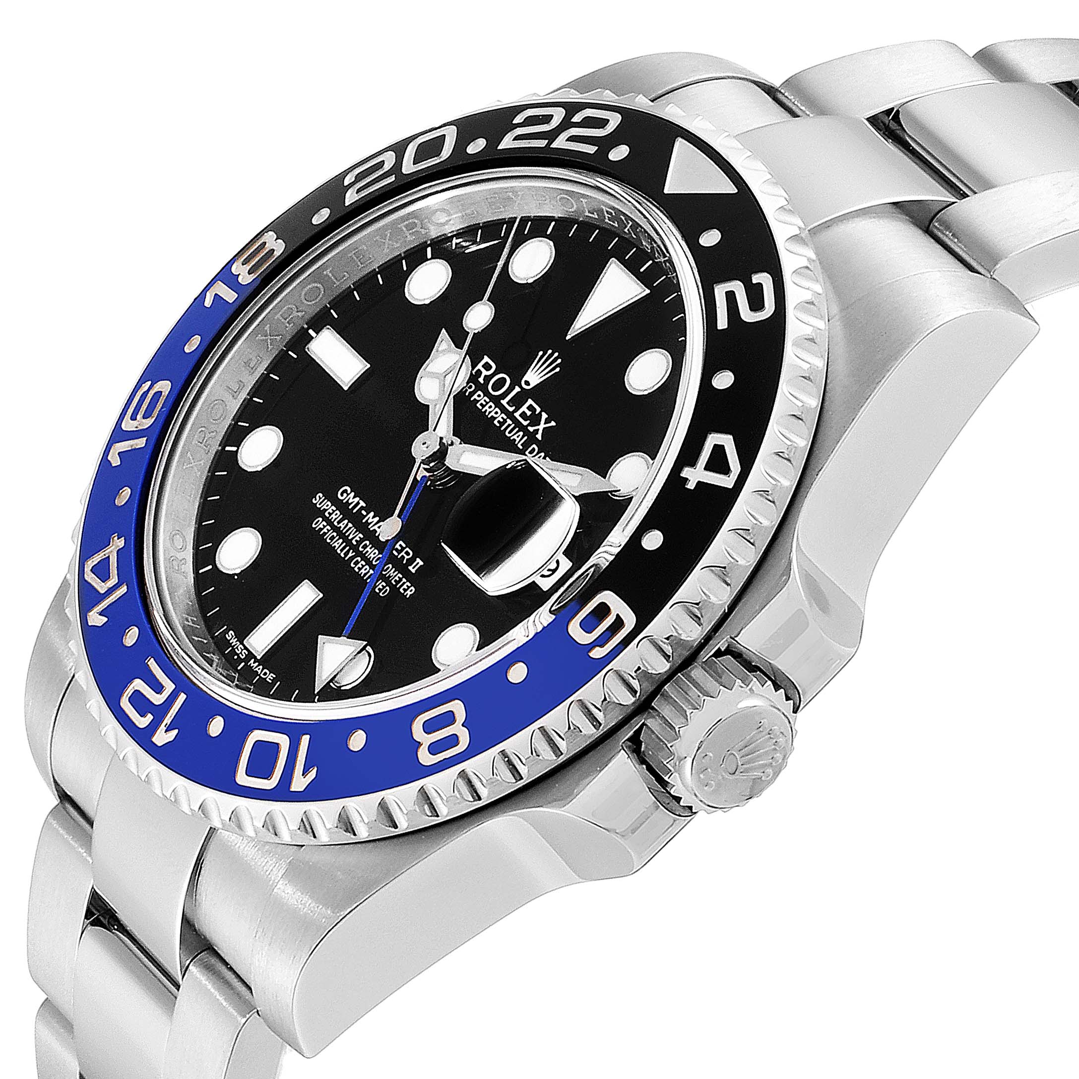 The image shows a side view of a Rolex GMT-Master 116710 Men's Stainless Steel Black Dial 116710 Men's Stainless Steel Black Dial watch, highlighting the bezel, crown, and part of the bracelet.