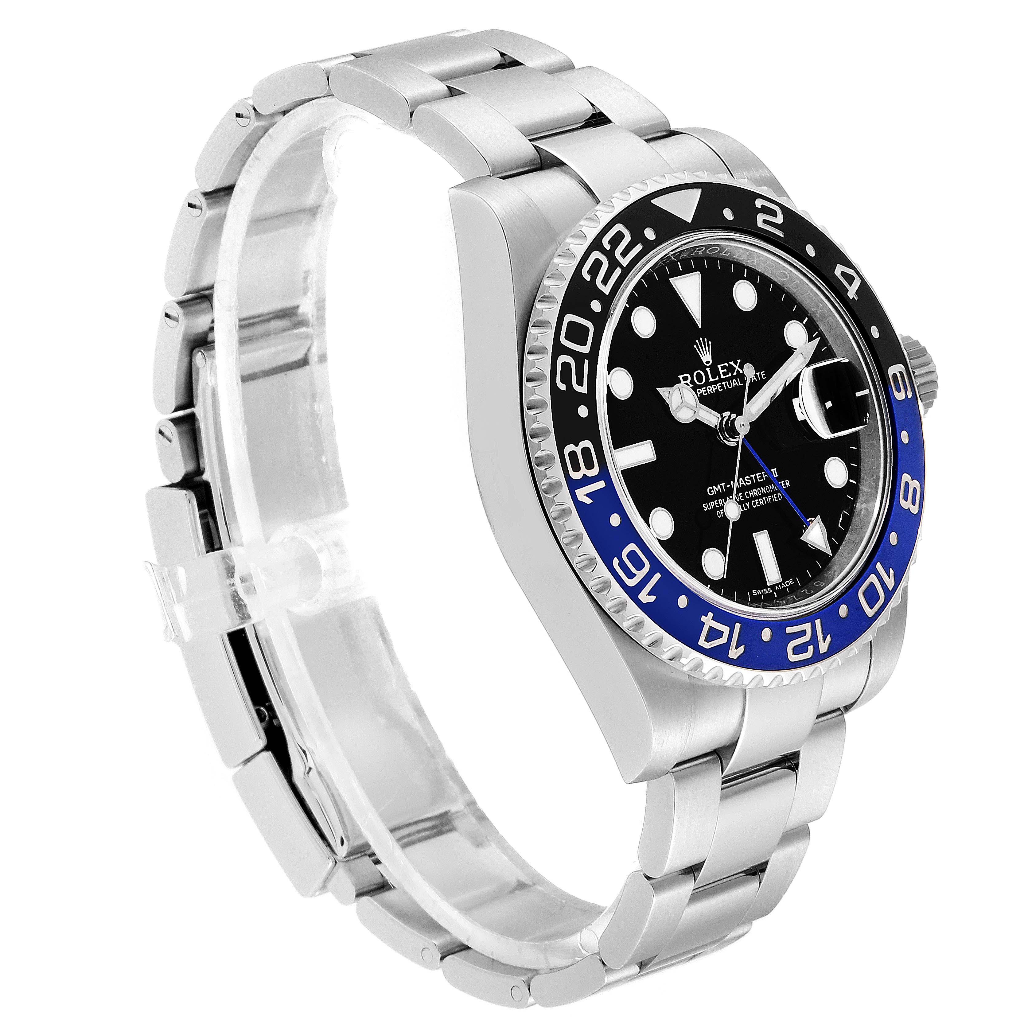 The image shows a side angle of the Rolex GMT-Master 116710 Men's Stainless Steel Black Dial 116710 Men's Stainless Steel Black Dial watch, highlighting the stainless steel bracelet, bezel, and dial.
