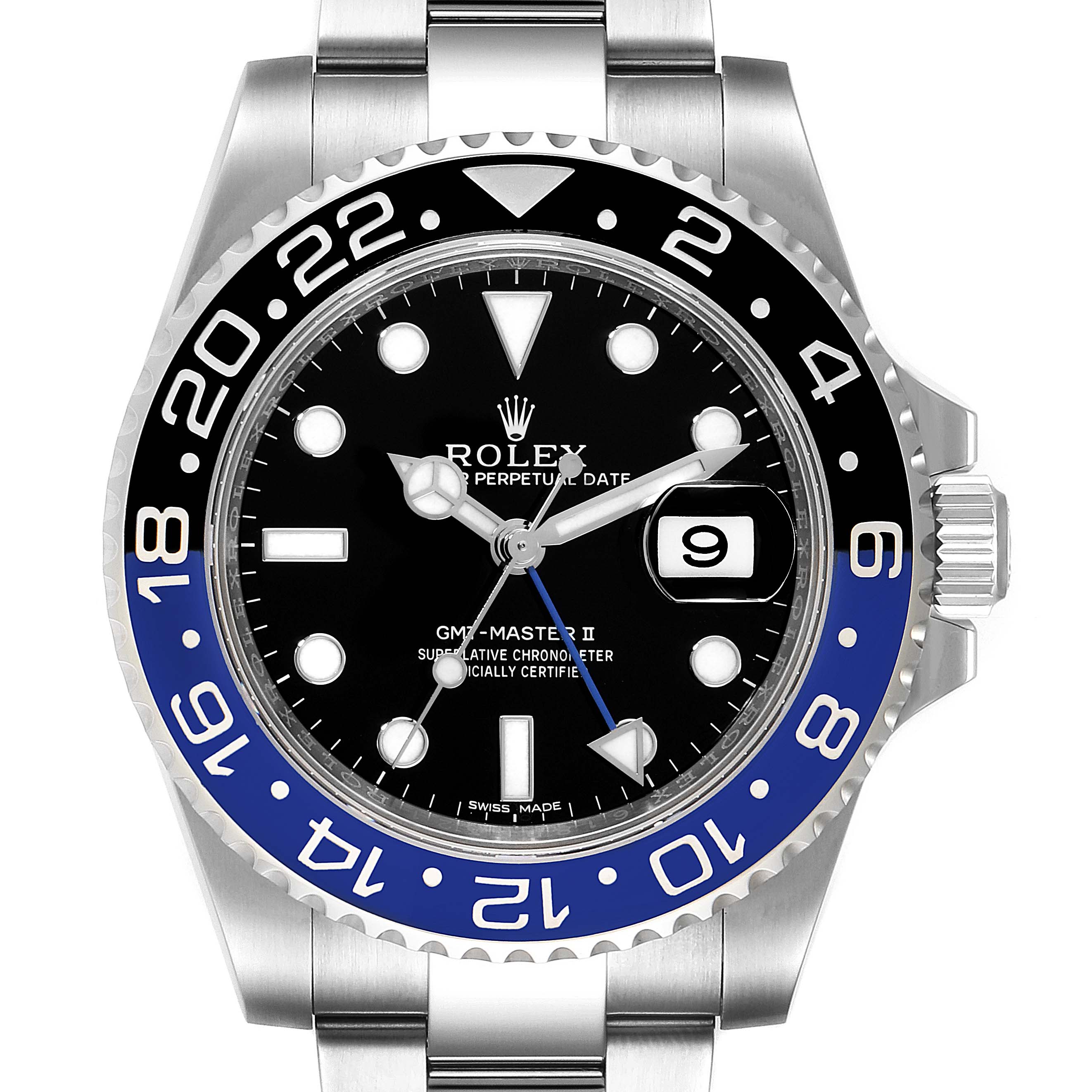 The image shows a frontal view of a Rolex GMT-Master 116710 Men's Stainless Steel Black Dial 116710 Men's Stainless Steel Black Dial II watch, highlighting the dial, bezel, and part of the bracelet.
