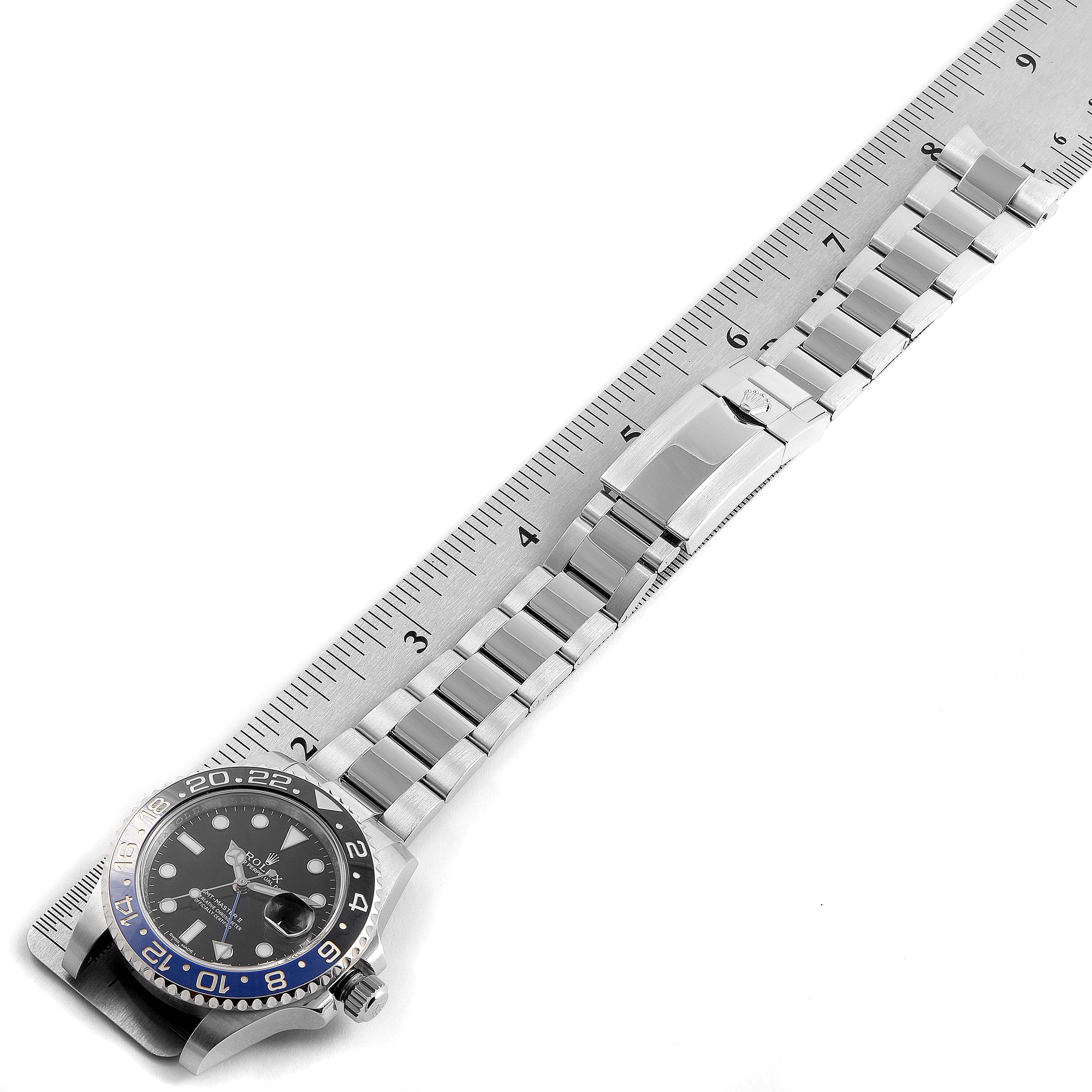 The Rolex GMT-Master 116710 Men's Stainless Steel Black Dial 116710 Men's Stainless Steel Black Dial watch is shown from an overhead angle with the watch face, bezel, bracelet, and clasp visible.