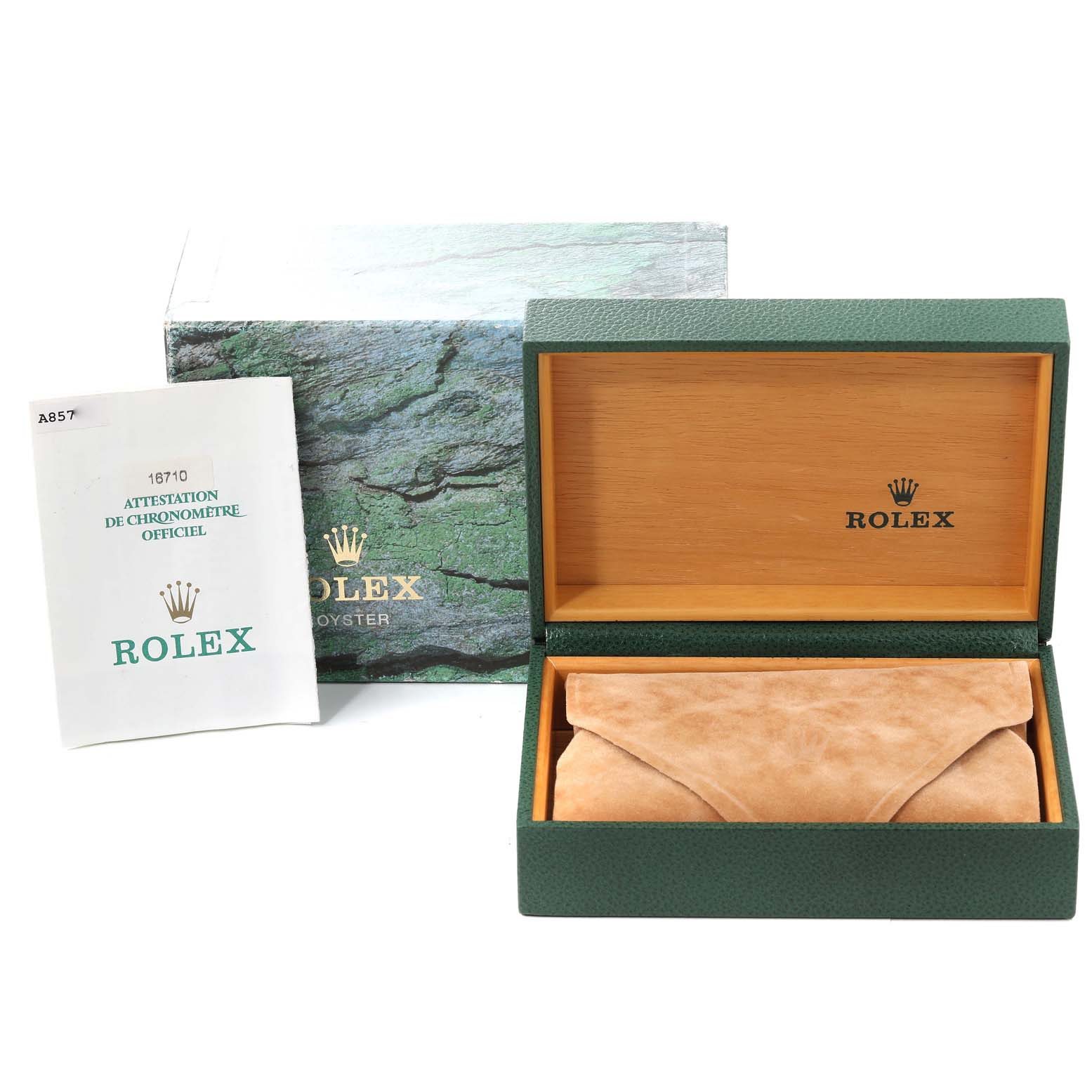 This image shows the packaging and certification booklet for a Rolex GMT-Master 16710 Men's Stainless Steel Black Dial 16710 Men's Stainless Steel Black Dial, including its green box with the Rolex logo and an open tan interior.