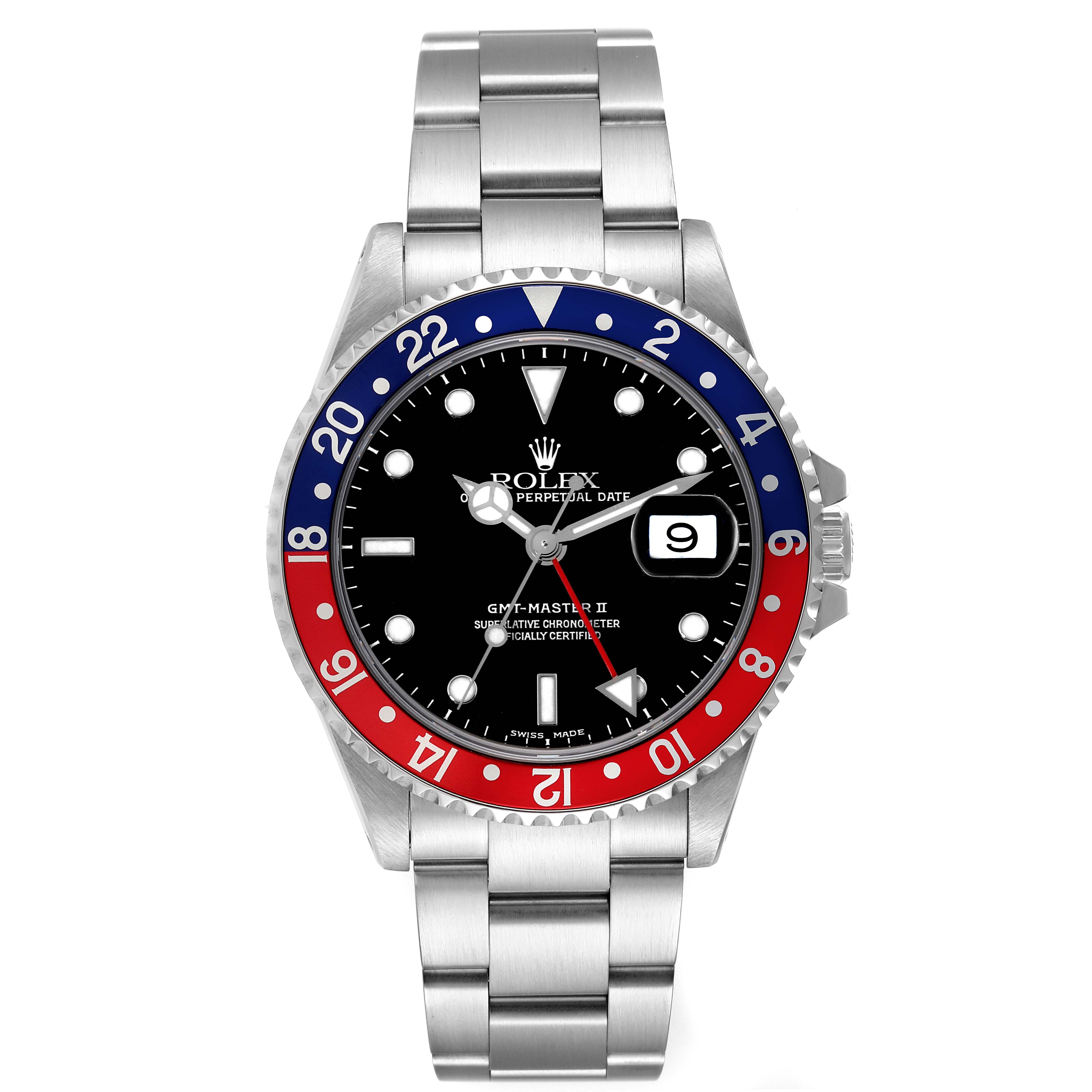 The image shows a frontal view of a Rolex GMT-Master 16710 Men's Stainless Steel Black Dial 16710 Men's Stainless Steel Black Dial II watch, displaying the dial, bezel, and bracelet.