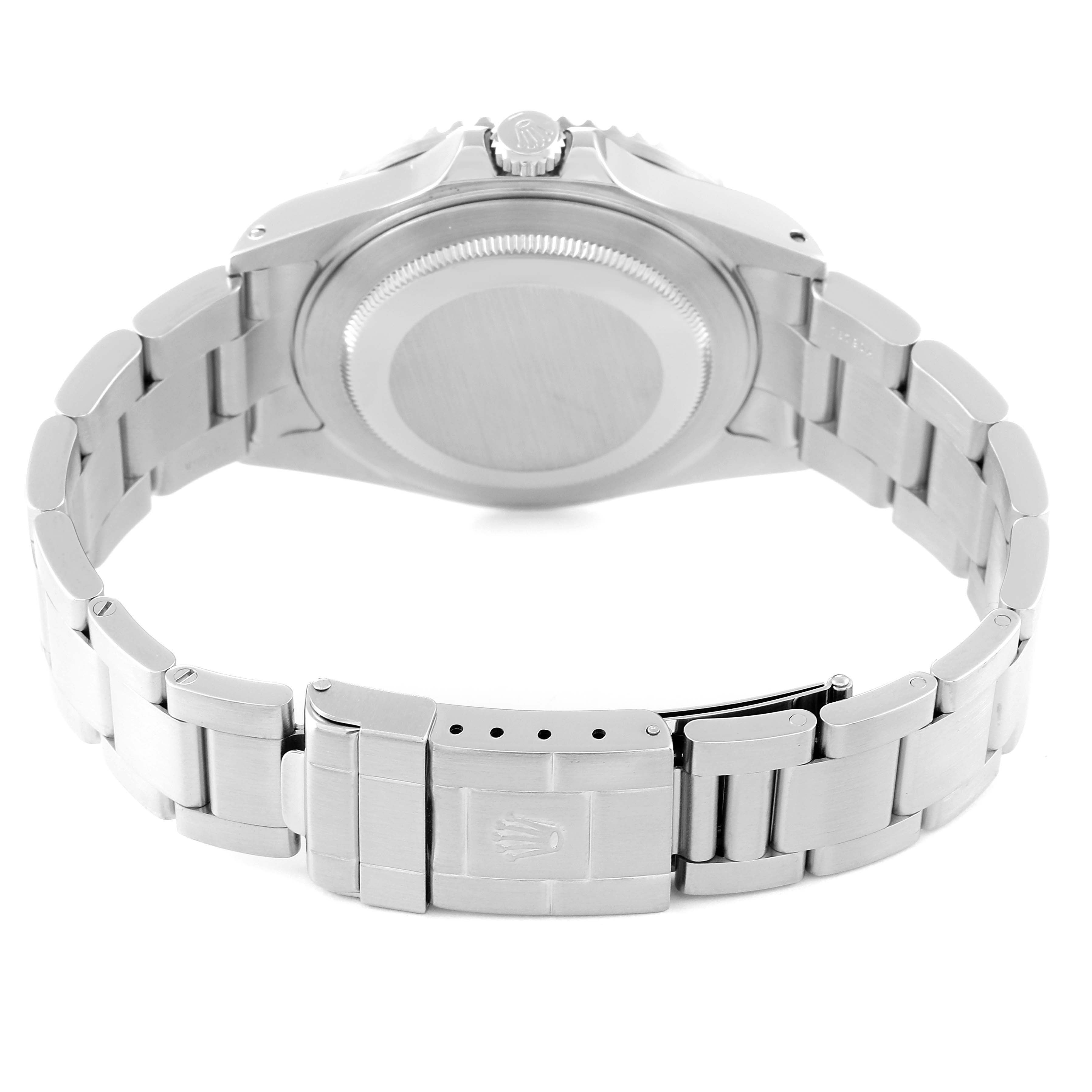 The image shows the back side and bracelet clasp of the Rolex GMT-Master 16710 Men's Stainless Steel Black Dial 16710 Men's Stainless Steel Black Dial watch.