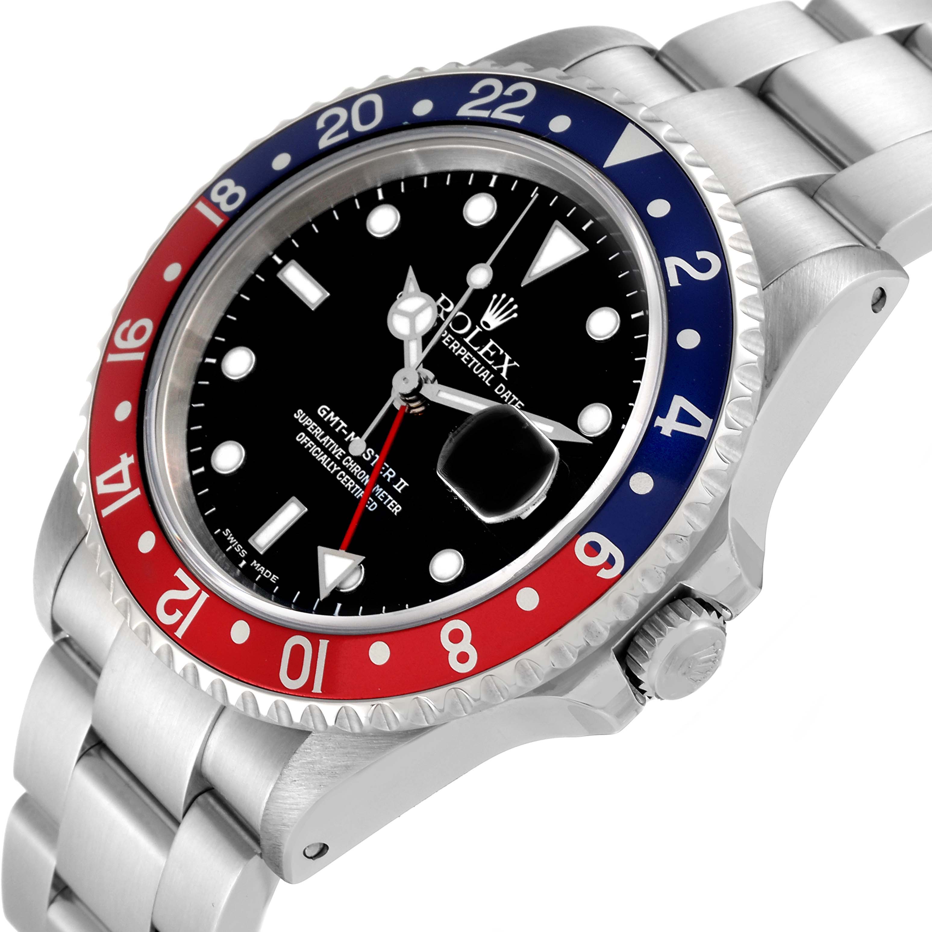 This is a close-up view of a Rolex GMT-Master 16710 Men's Stainless Steel Black Dial 16710 Men's Stainless Steel Black Dial watch, showing the dial, bezel, and partial bracelet.