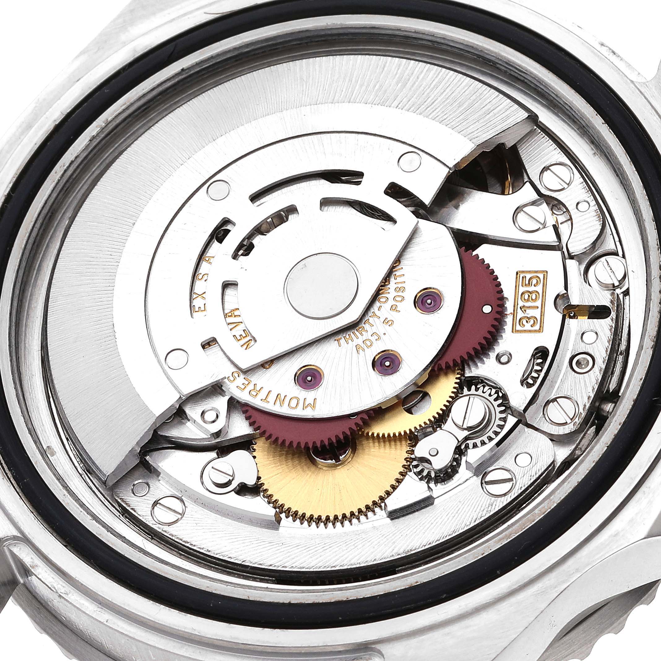 This image shows the movement and internal components of a Rolex GMT-Master 16710 Men's Stainless Steel Black Dial 16710 Men's Stainless Steel Black Dial watch from a rear angle.