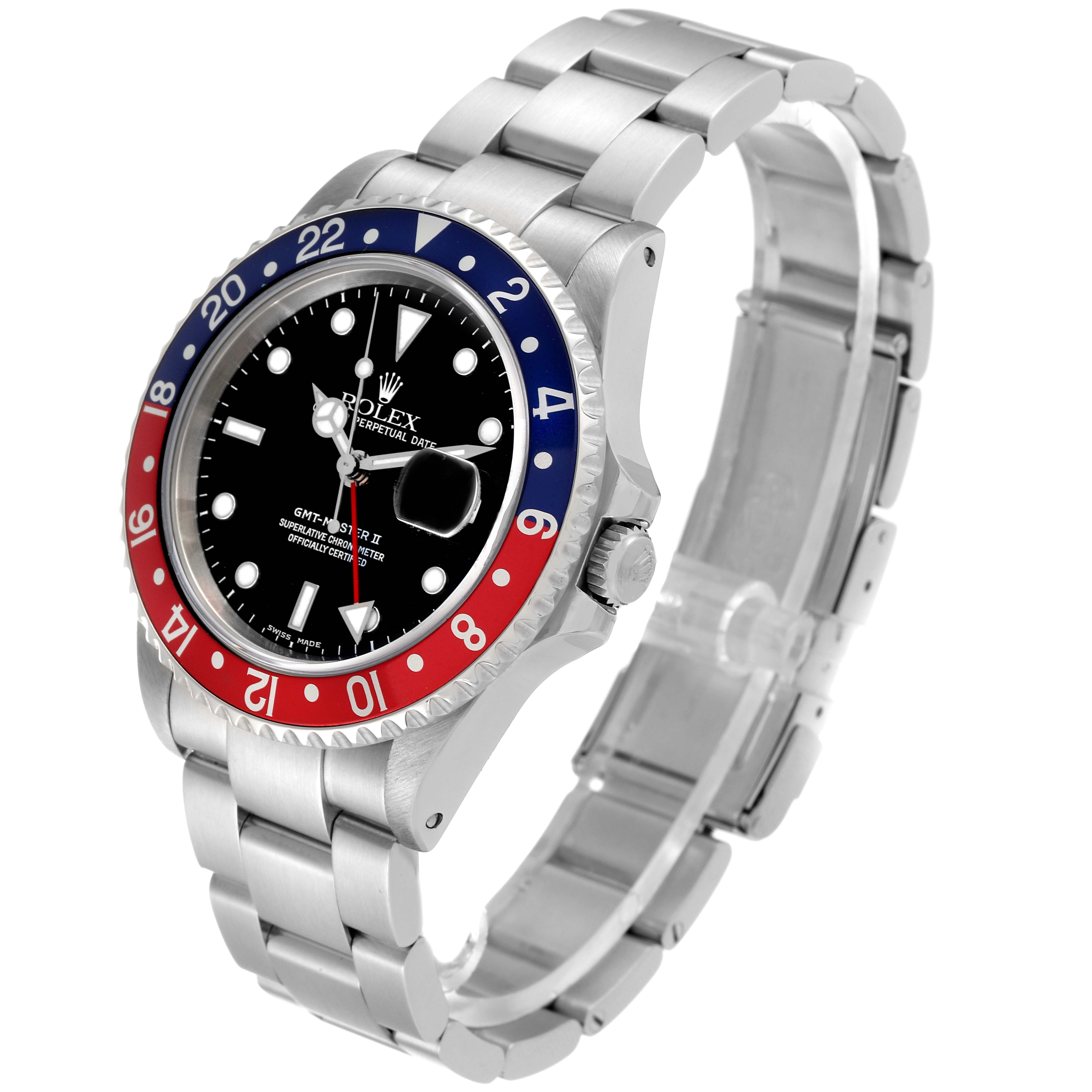 The Rolex GMT-Master 16710 Men's Stainless Steel Black Dial 16710 Men's Stainless Steel Black Dial watch is angled to show its face, bezel, crown, and steel bracelet.