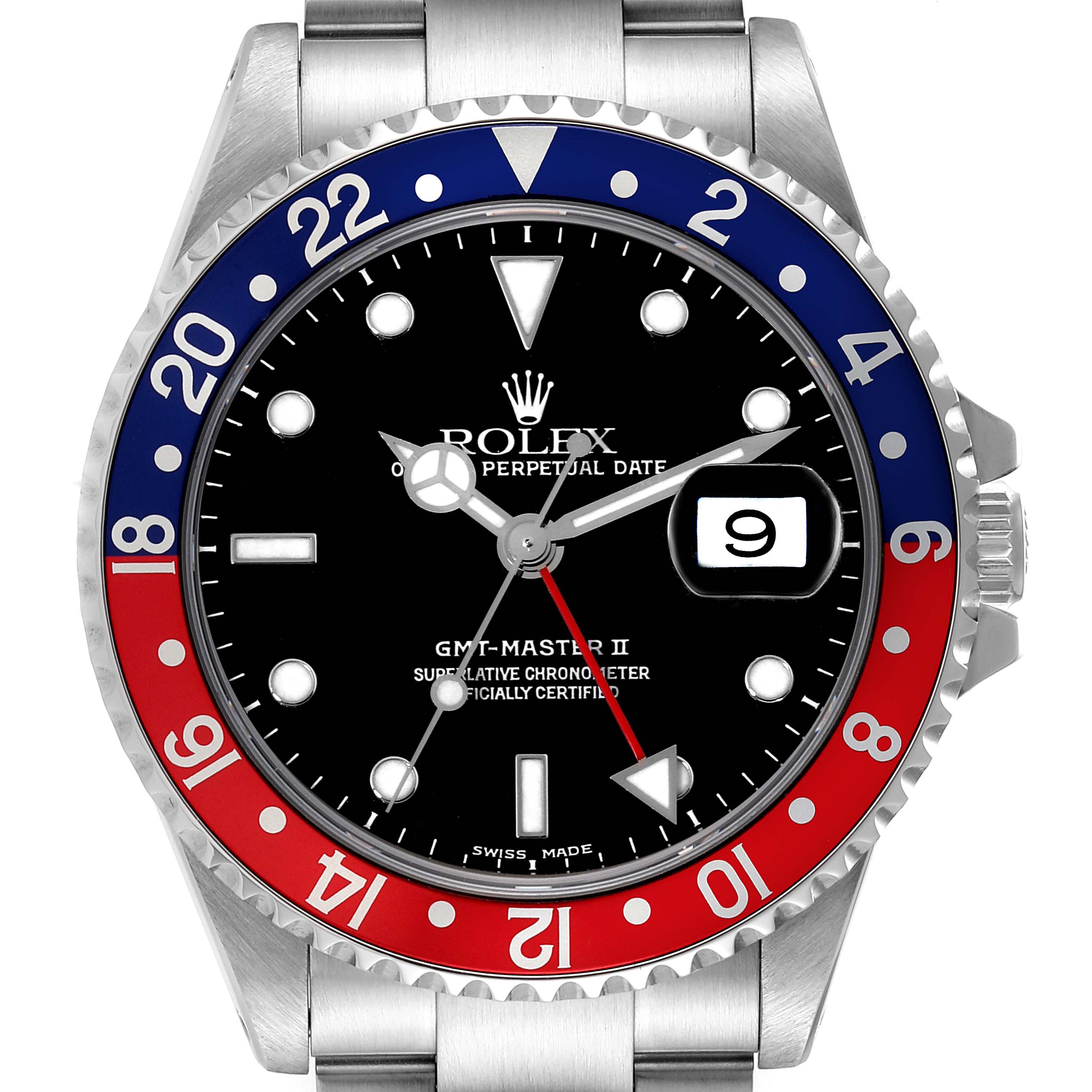 The image shows a front-facing Rolex GMT-Master 16710 Men's Stainless Steel Black Dial 16710 Men's Stainless Steel Black Dial model displaying the dial, bezel, and part of the stainless steel bracelet.