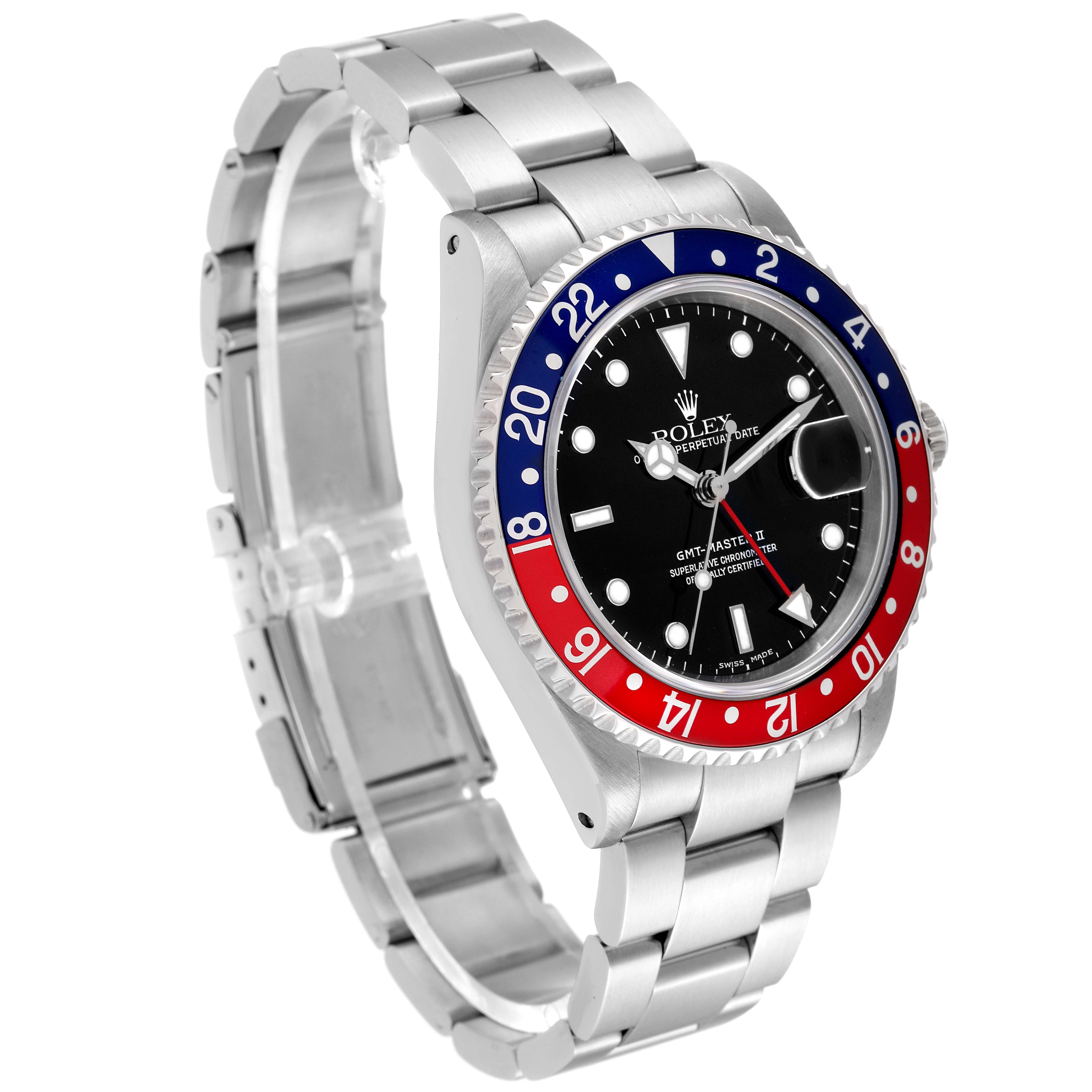 The Rolex GMT-Master 16710 Men's Stainless Steel Black Dial 16710 Men's Stainless Steel Black Dial watch is shown at a three-quarter angle displaying its face, bezel, crown, and bracelet.