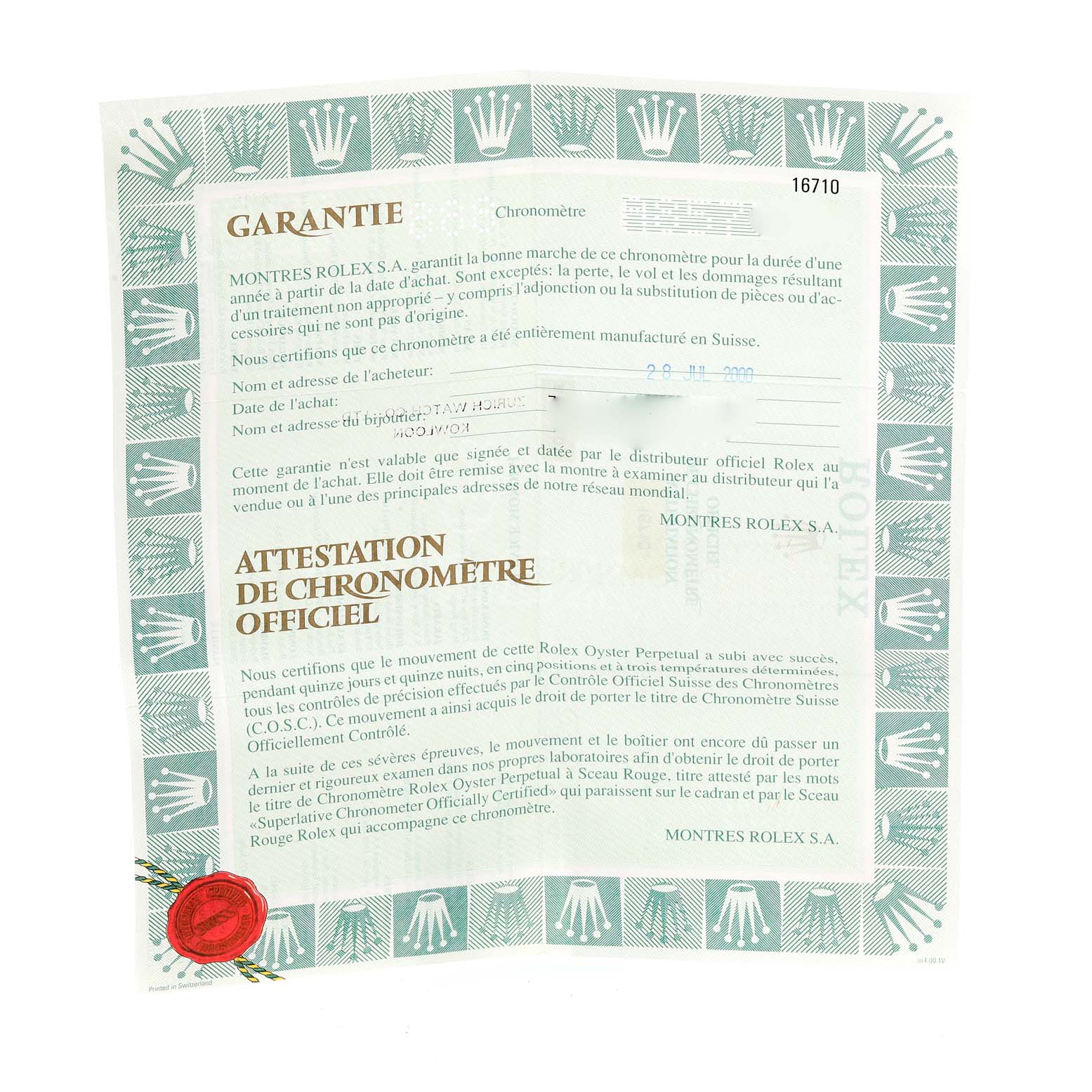 The image shows the official warranty certificate for the Rolex GMT-Master 16710 Men's Stainless Steel Black Dial 16710 Men's Stainless Steel Black Dial model.