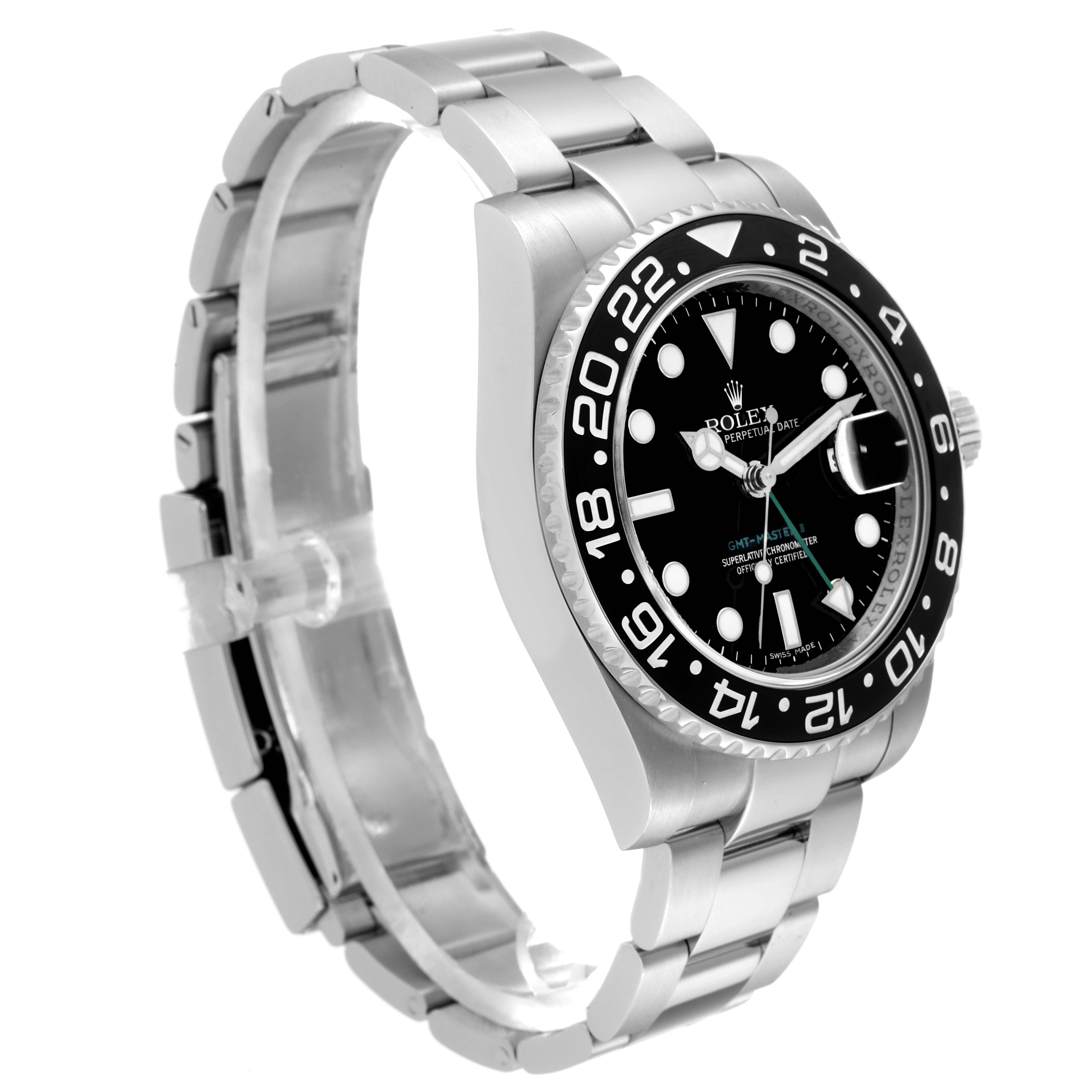 The Rolex GMT-Master 116710 Men
s Stainless Steel Black Dial 116710 Men
s Stainless Steel Black Dial watch is shown at an angle displaying its dial, bezel, and partial bracelet.