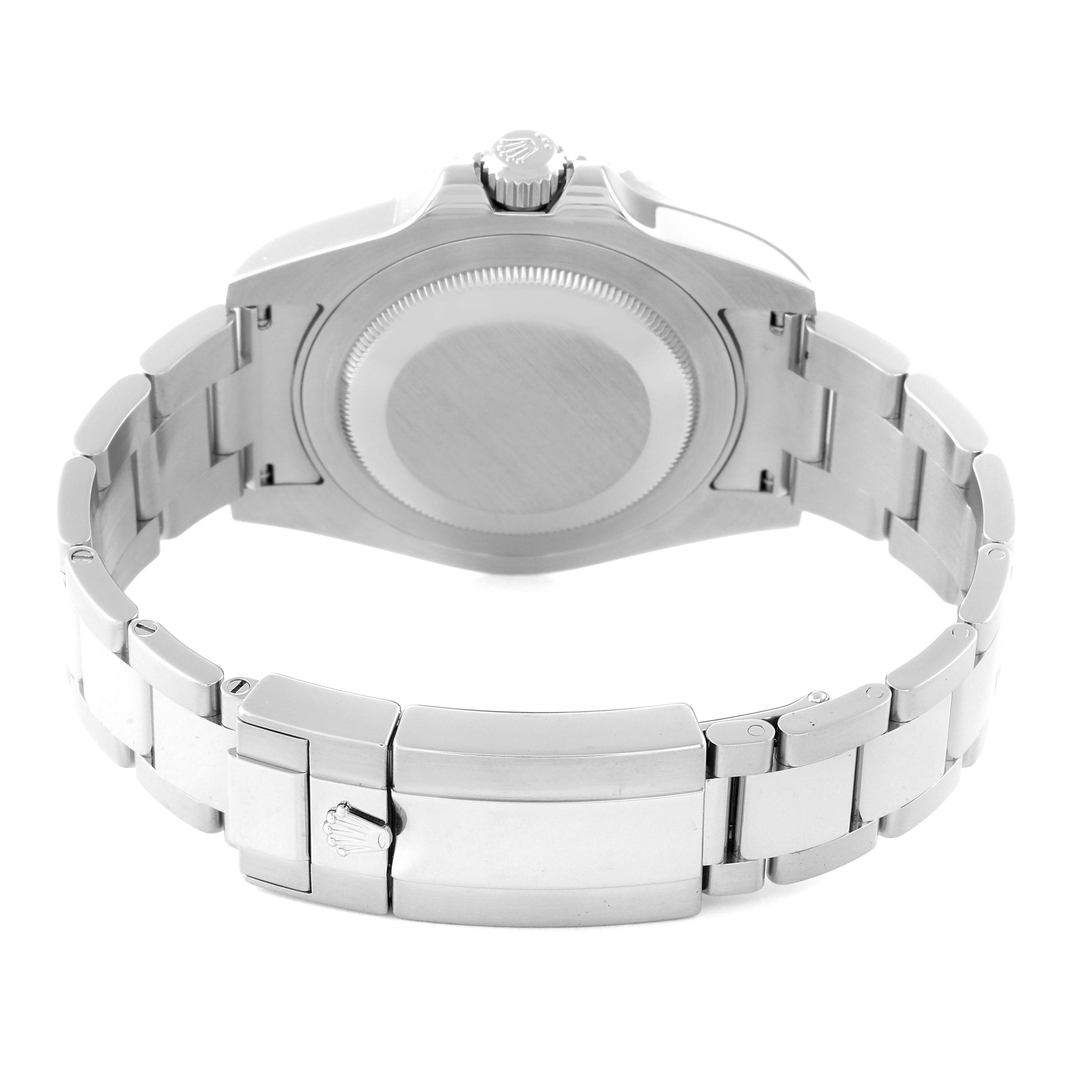 The image shows the back view of a Rolex GMT-Master 116710 Men
s Stainless Steel Black Dial 116710 Men
s Stainless Steel Black Dial watch, including the case back and stainless steel bracelet with clasp.