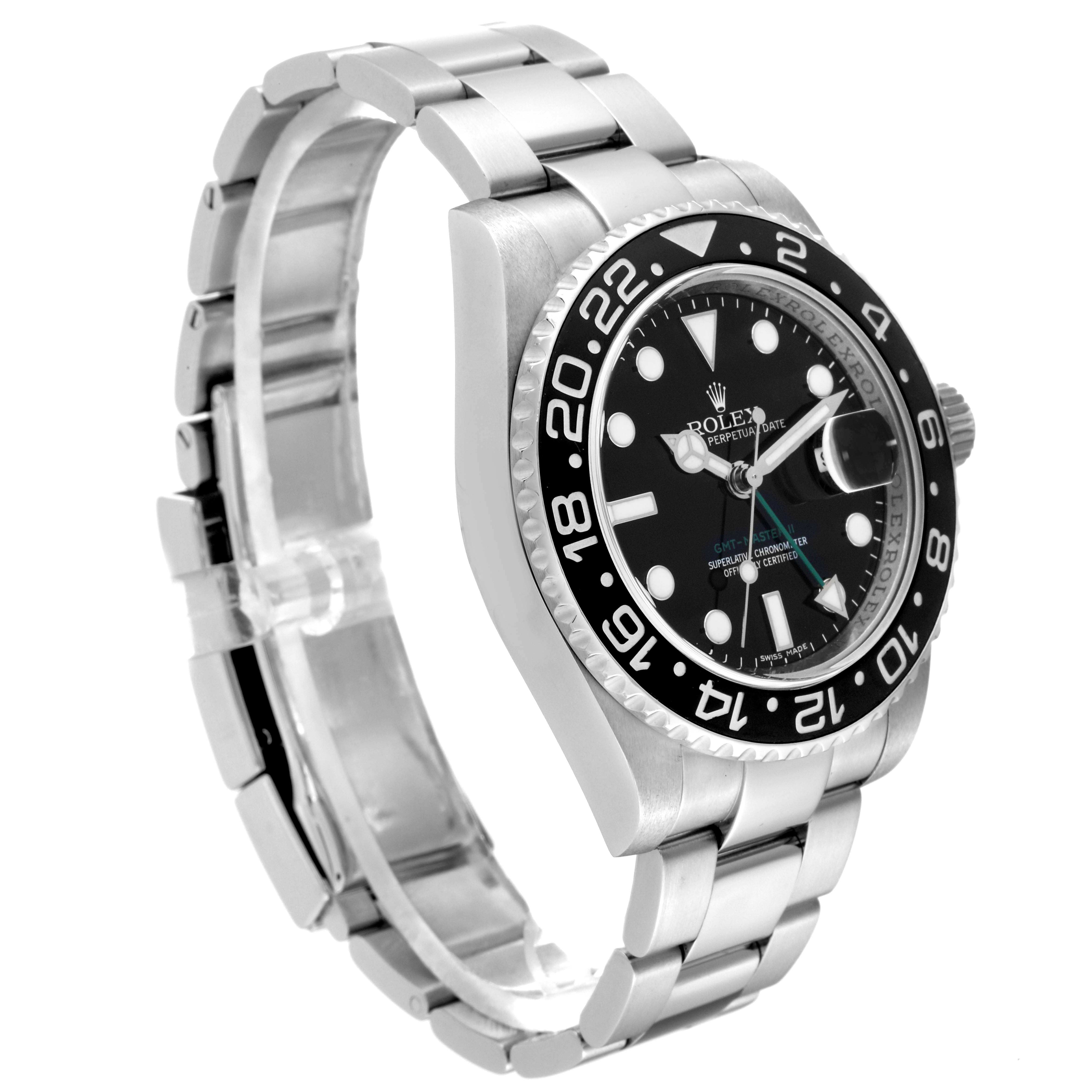 The image shows a side angle of a Rolex GMT-Master 116710 Men
s Stainless Steel Black Dial 116710 Men
s Stainless Steel Black Dial watch, highlighting its stainless steel band, black bezel, and face.