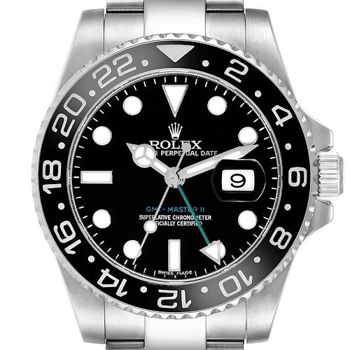 The image shows a front view of the Rolex GMT-Master II watch, highlighting the bezel, dial, and bracelet.