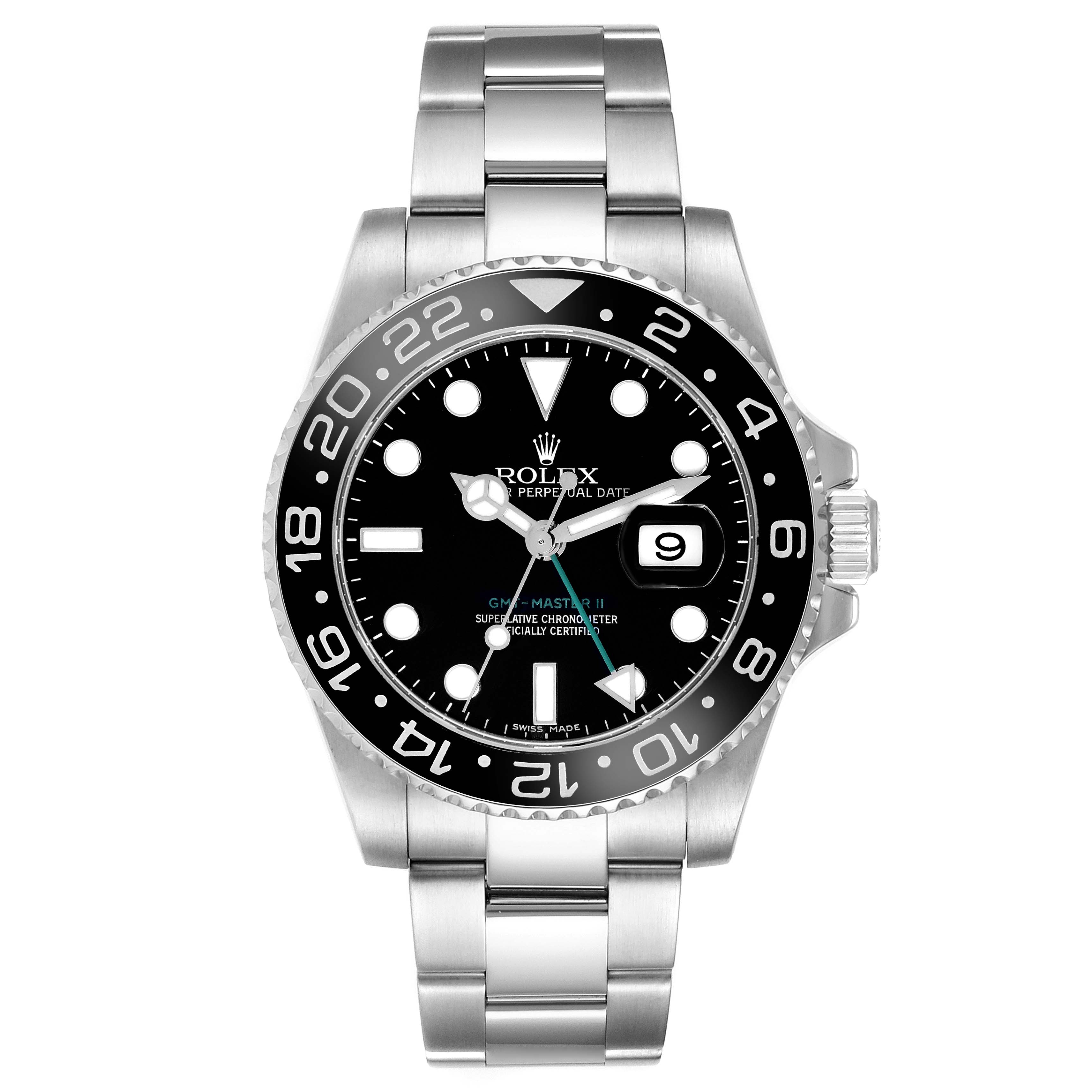 The Rolex GMT-Master 116710 Men
s Stainless Steel Black Dial 116710 Men
s Stainless Steel Black Dial watch is shown from a front angle, highlighting the dial, bezel, case, and bracelet.