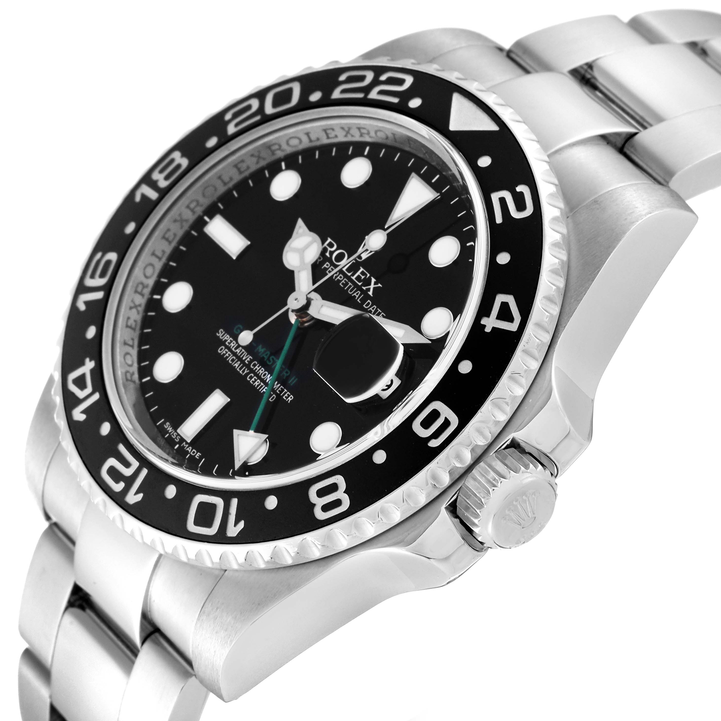 The image shows a close-up angle of a Rolex GMT-Master 116710 Men
s Stainless Steel Black Dial 116710 Men
s Stainless Steel Black Dial watch, highlighting the bezel, dial, case, and bracelet.