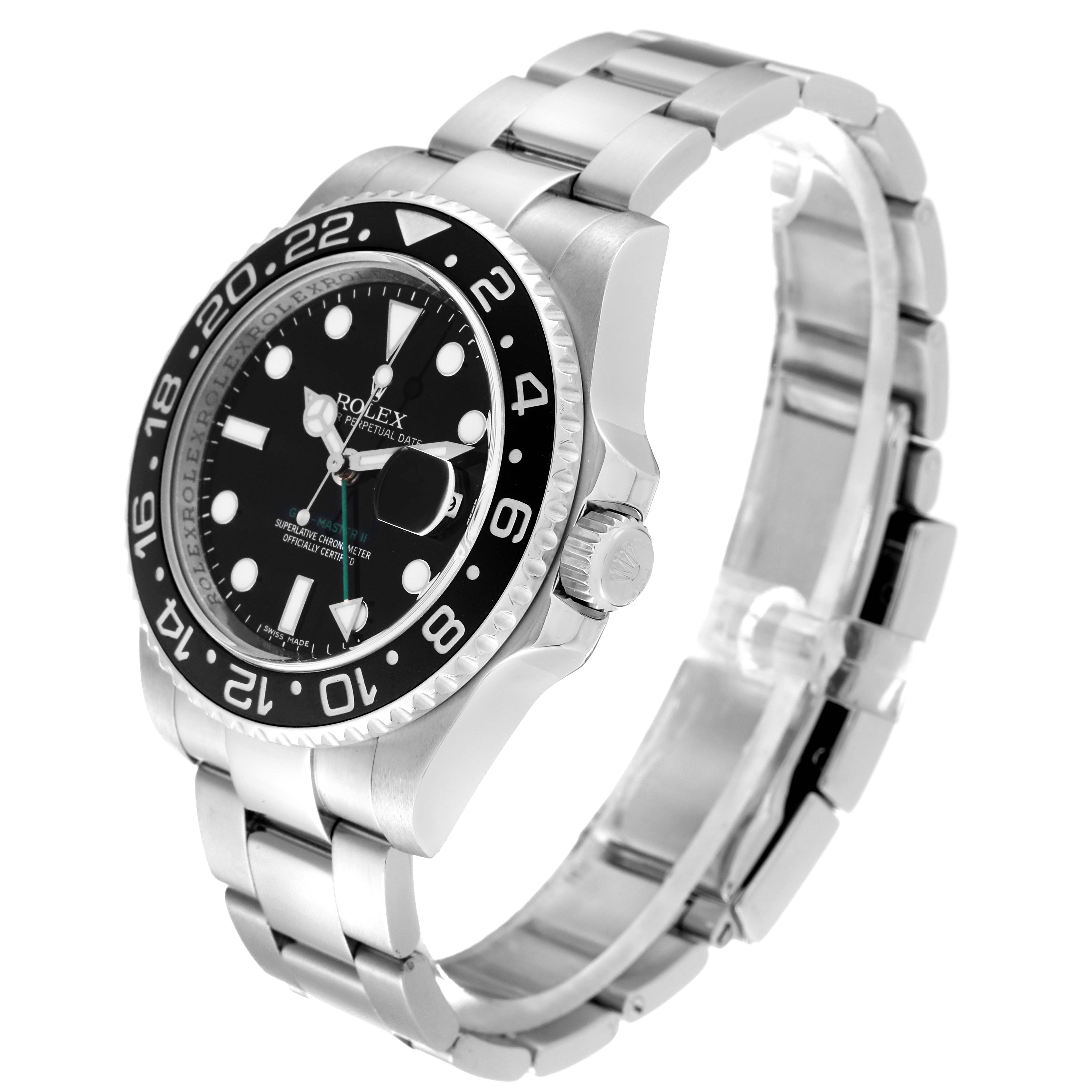 The image shows a front diagonal view of a Rolex GMT-Master 116710 Men
s Stainless Steel Black Dial 116710 Men
s Stainless Steel Black Dial watch, highlighting its face, bezel, and bracelet.
