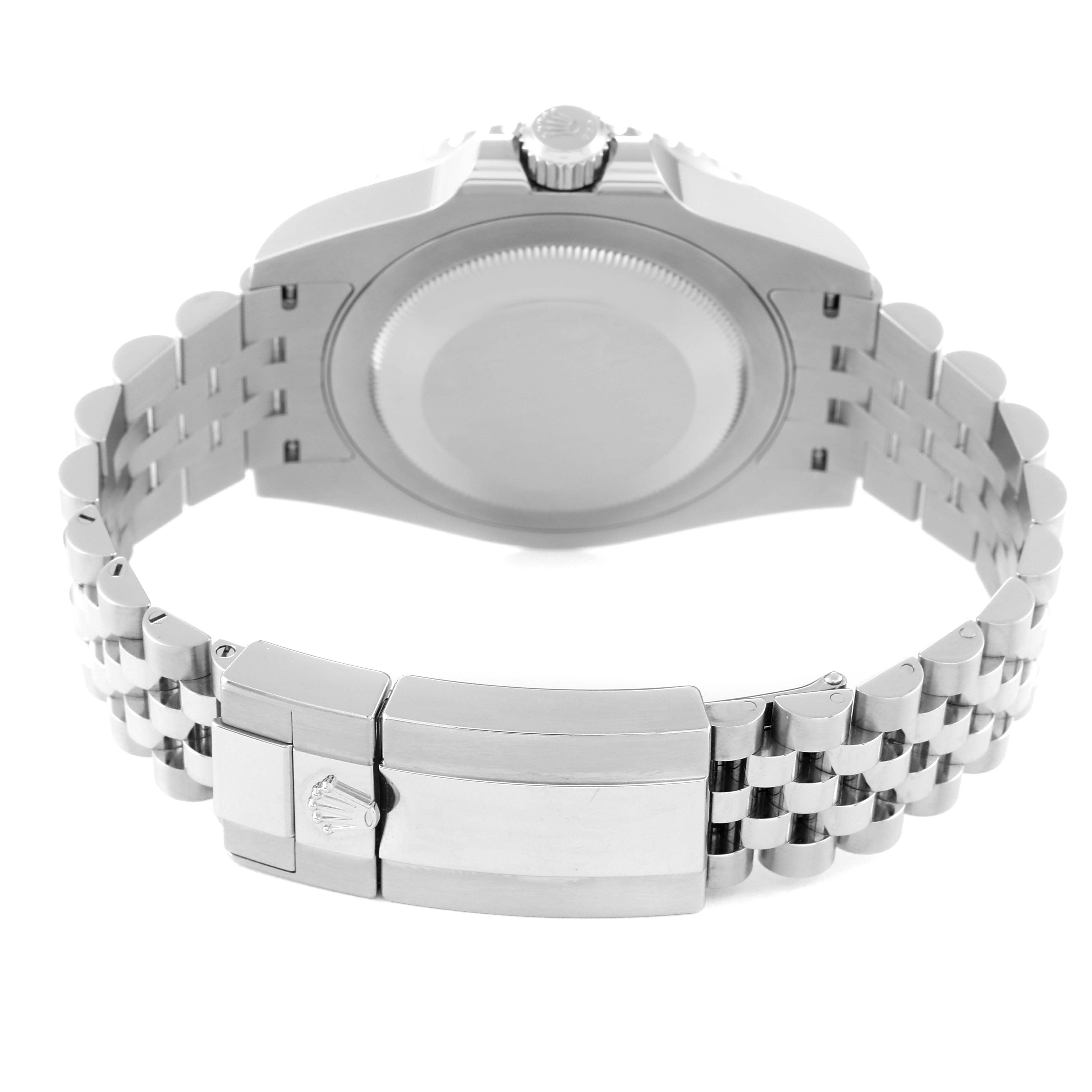 This image shows the back view of a Rolex GMT-Master 126710 Men's Stainless Steel Black Dial 126710 Men's Stainless Steel Black Dial watch, highlighting the case back and Jubilee bracelet with the clasp.