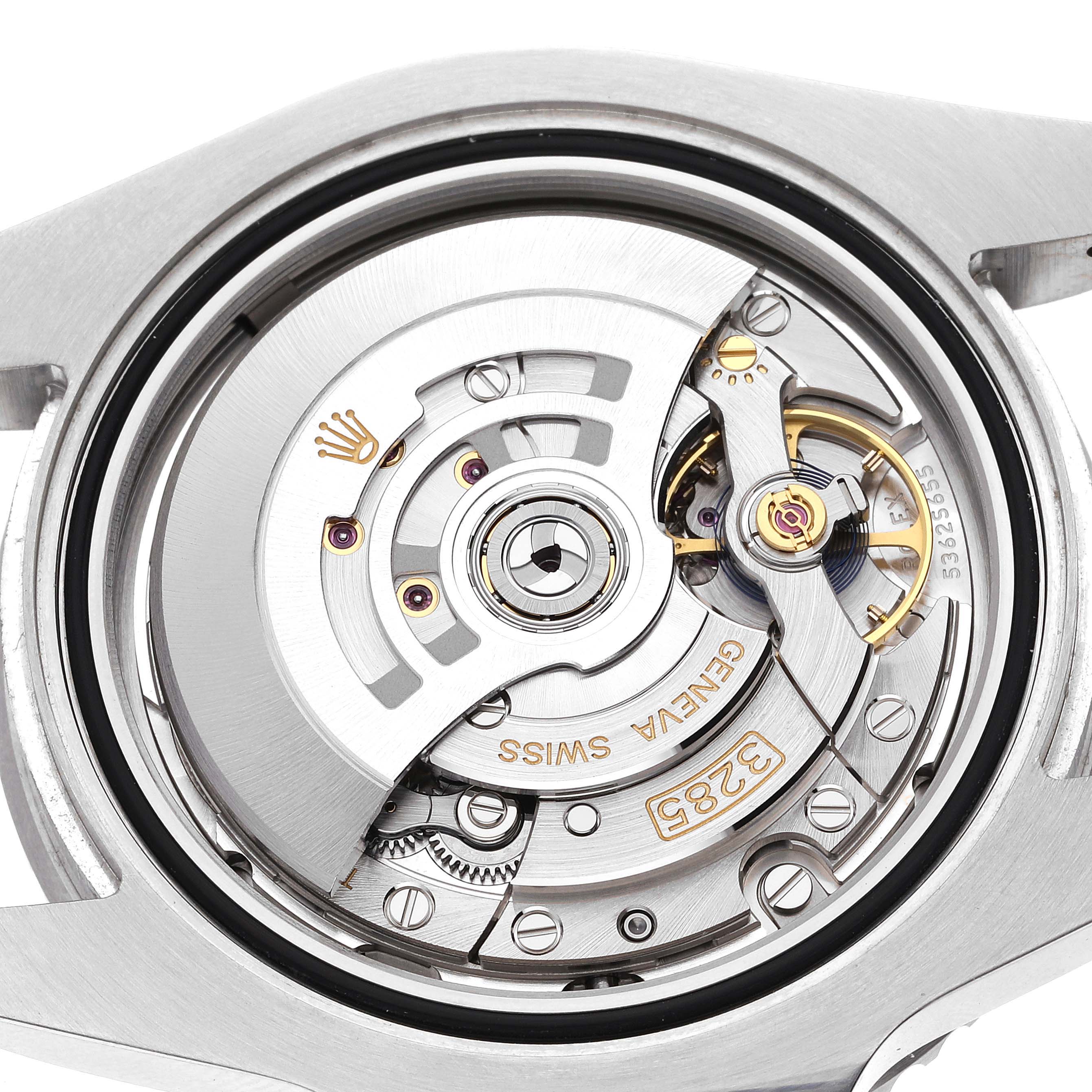 This image shows a close-up view of the movement mechanism inside a Rolex GMT-Master 126710 Men's Stainless Steel Black Dial 126710 Men's Stainless Steel Black Dial watch.