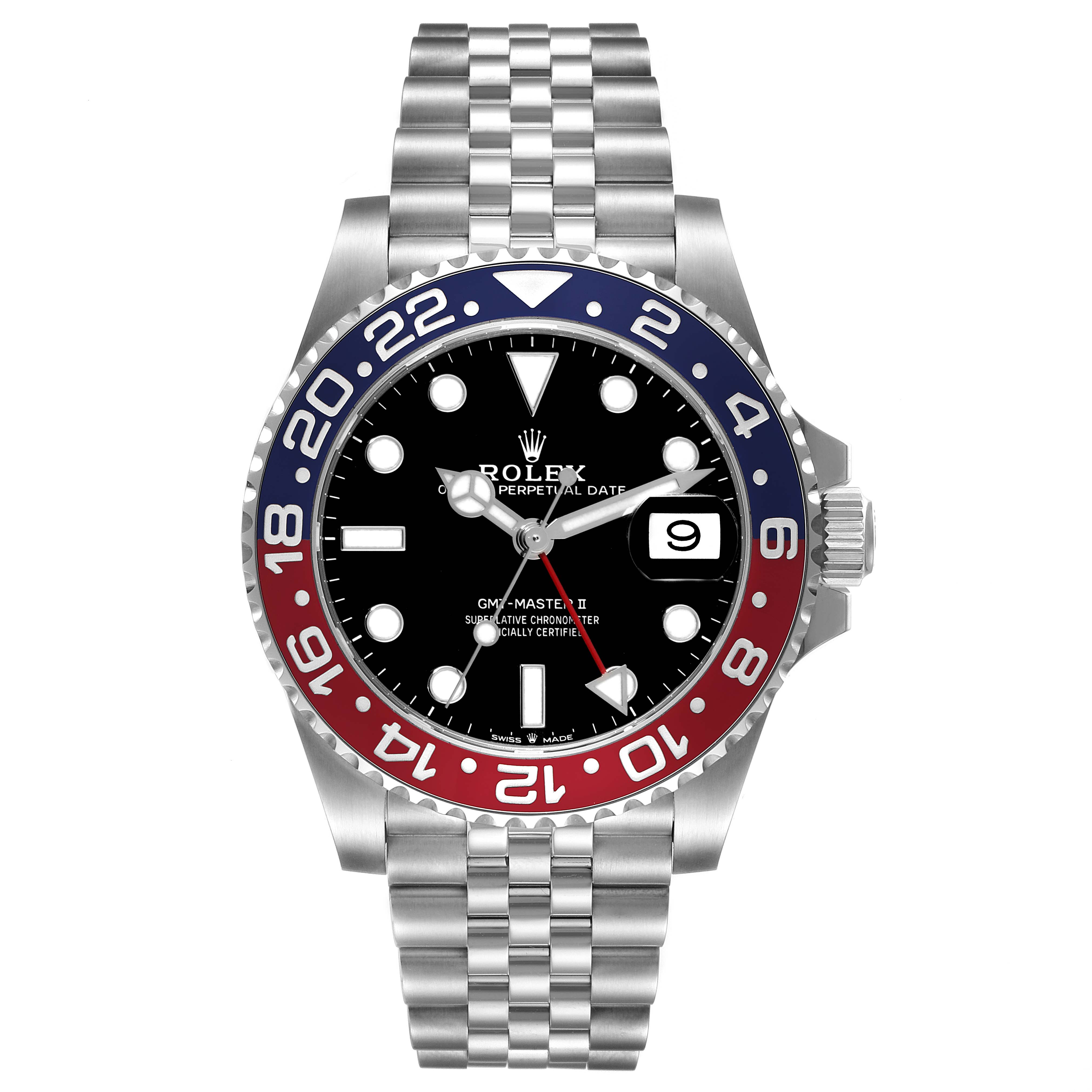 The image shows a front view of the Rolex GMT-Master 126710 Men's Stainless Steel Black Dial 126710 Men's Stainless Steel Black Dial II watch, featuring a black dial, 'Pepsi' bezel, Jubilee bracelet, and a date window.