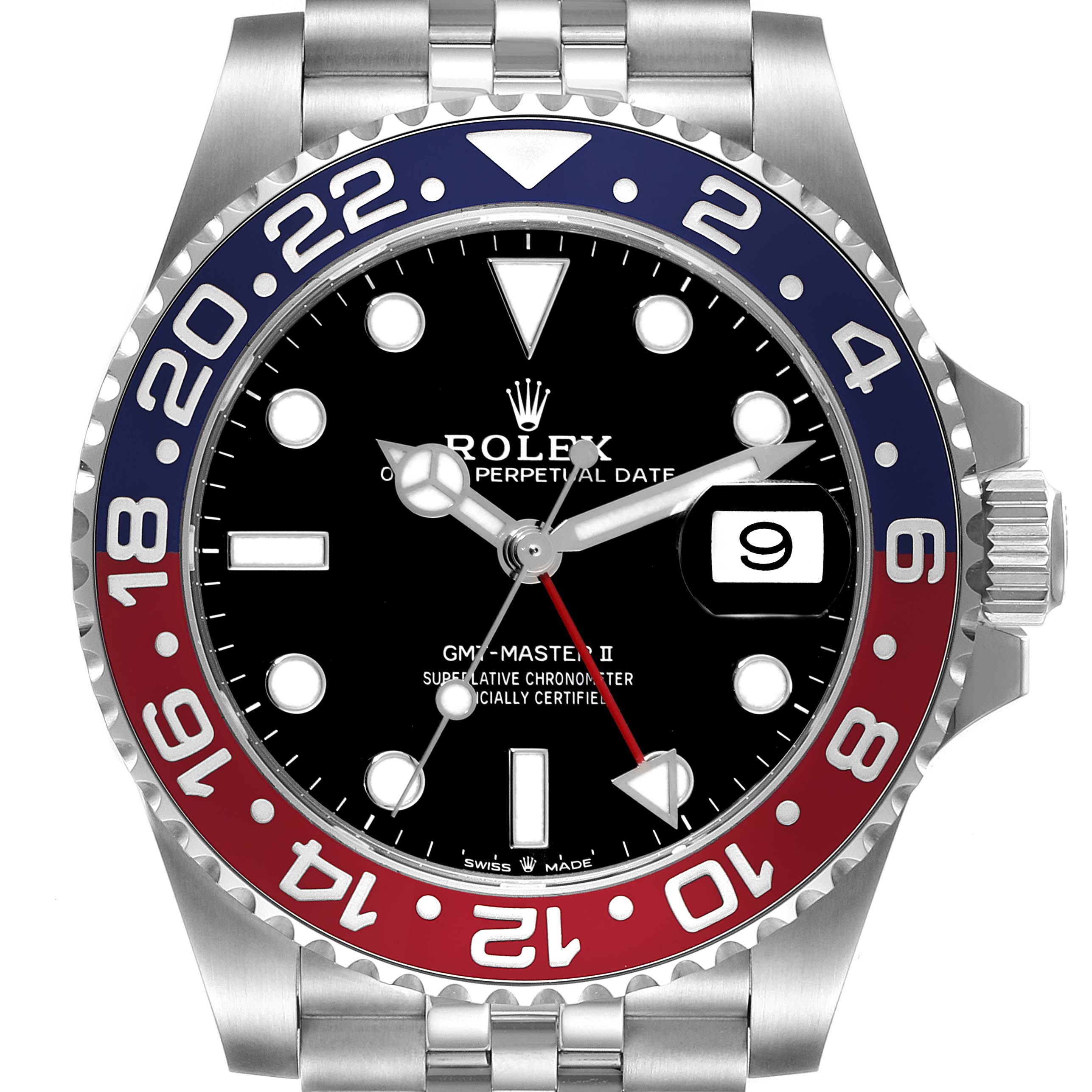 The image shows a frontal view of a Rolex GMT-Master 126710 Men's Stainless Steel Black Dial 126710 Men's Stainless Steel Black Dial II watch, displaying the bezel, dial, and part of the bracelet.