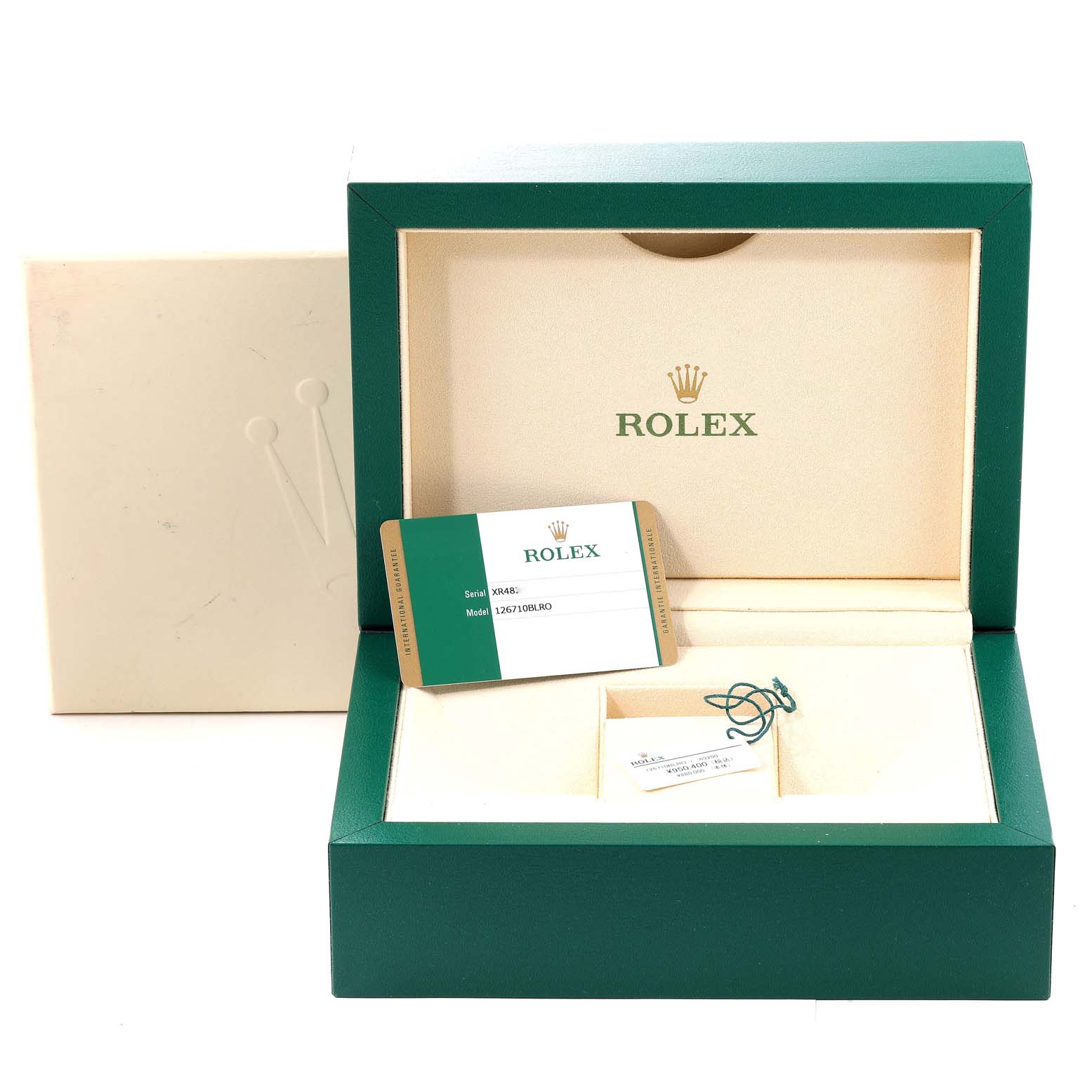 The image shows the open box, warranty card, and accessories for a Rolex GMT-Master 126710 Men's Stainless Steel Black Dial 126710 Men's Stainless Steel Black Dial model.