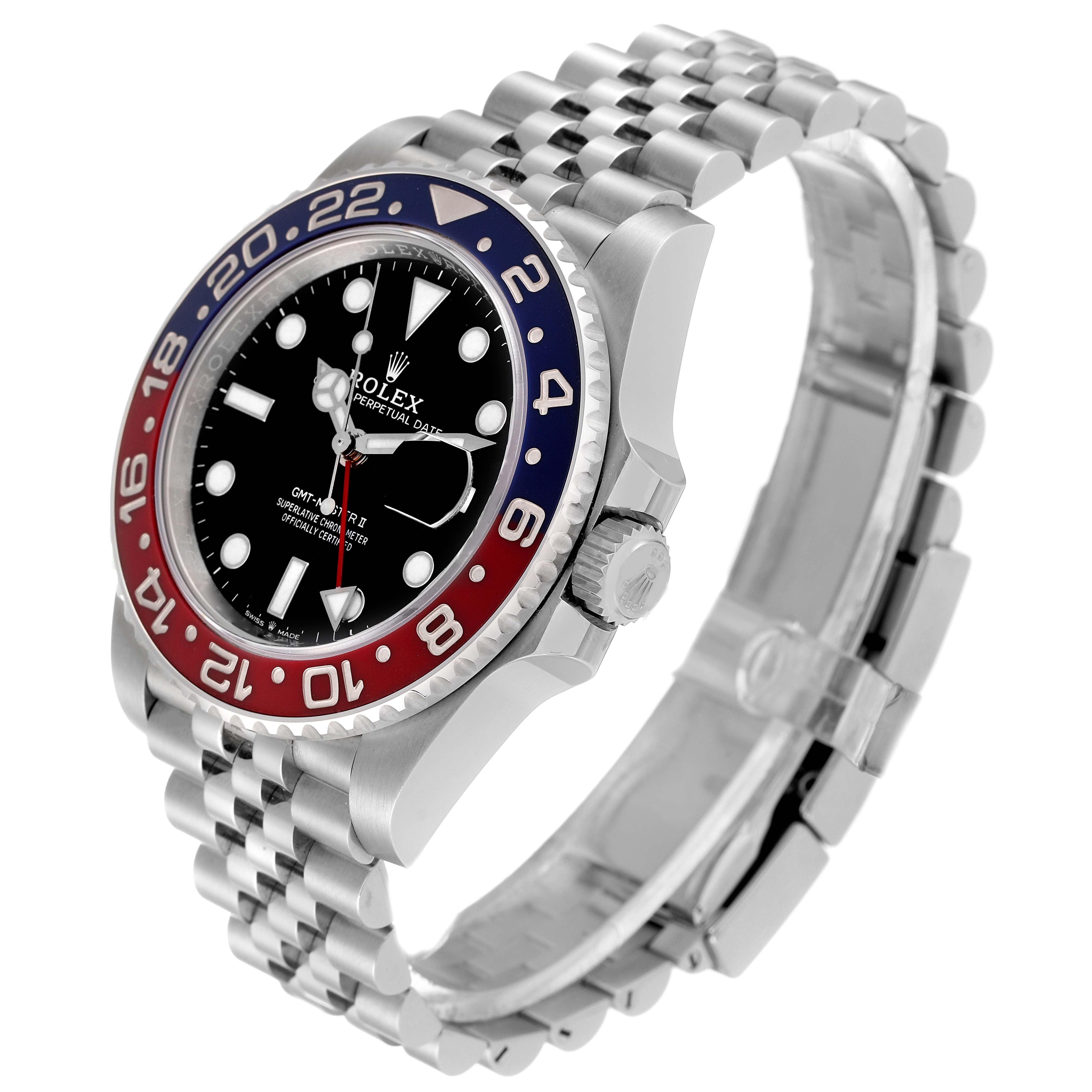 The image shows a Rolex GMT-Master 126710 Men's Stainless Steel Black Dial 126710 Men's Stainless Steel Black Dial watch at an angled view highlighting the bezel, dial, case, and jubilee bracelet.