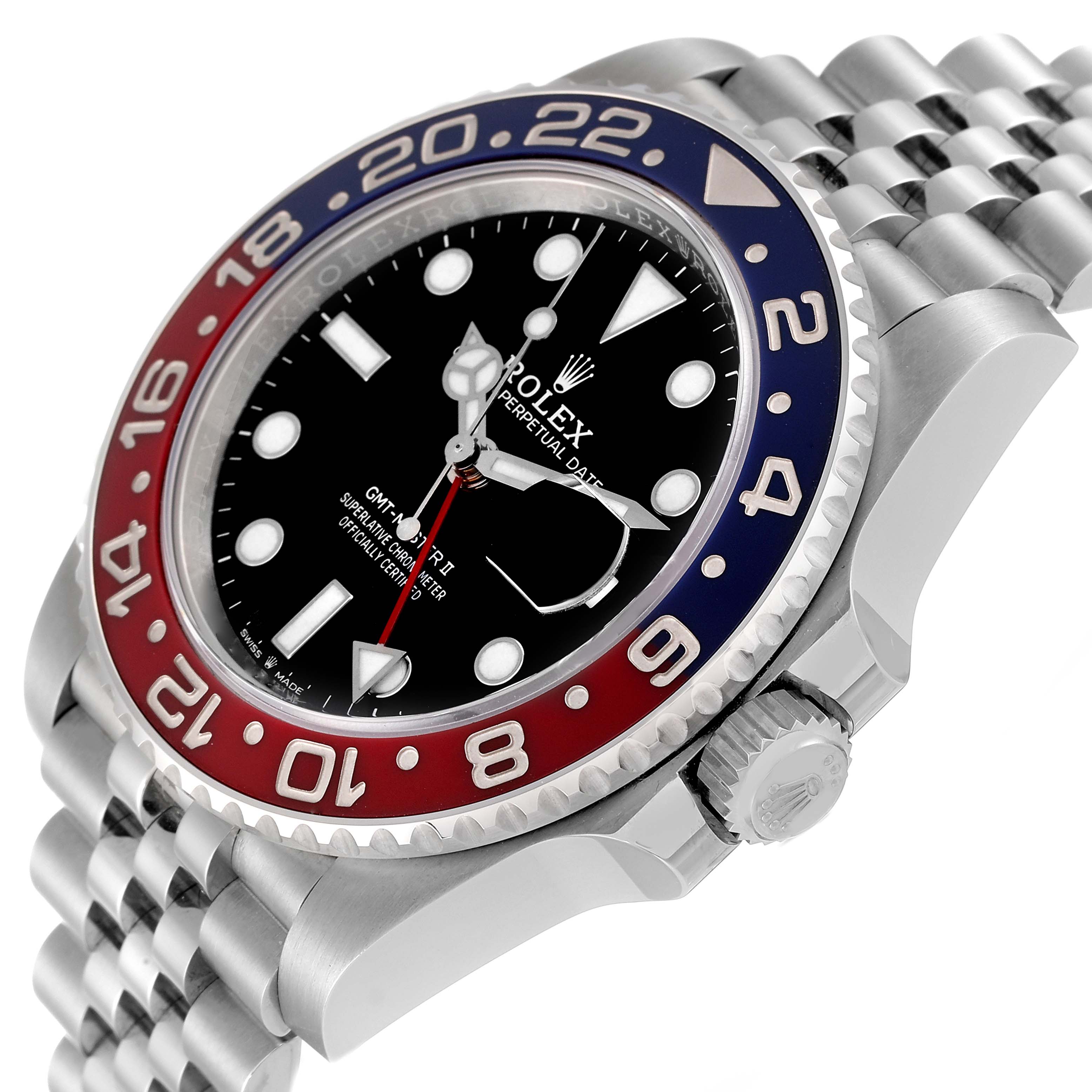 The image shows a close-up of the Rolex GMT-Master 126710 Men's Stainless Steel Black Dial 126710 Men's Stainless Steel Black Dial watch face, bezel, crown, and part of the bracelet, viewed at an angle.