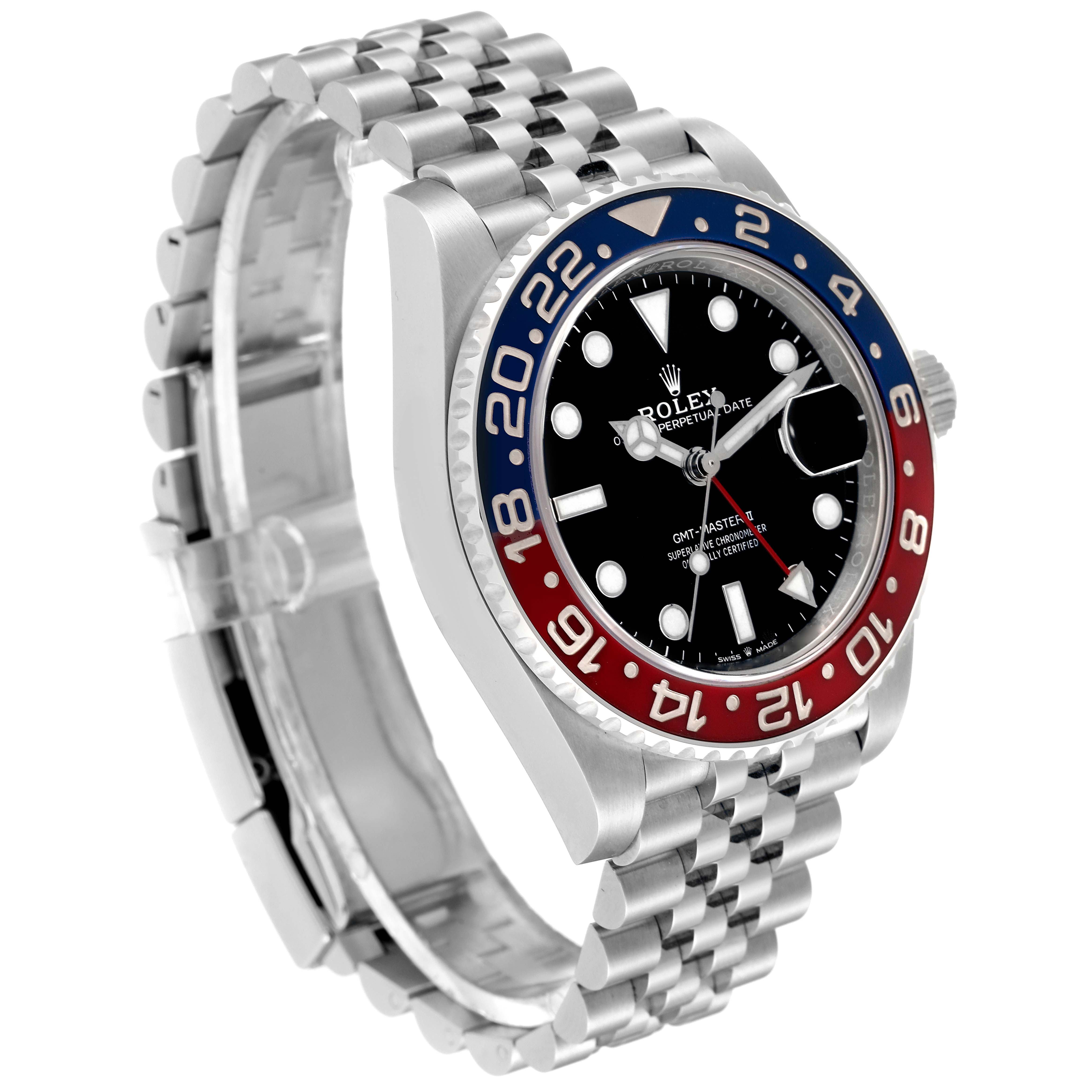 The Rolex GMT-Master 126710 Men's Stainless Steel Black Dial 126710 Men's Stainless Steel Black Dial watch is shown at a three-quarter angle, showcasing the bezel, dial, and bracelet.