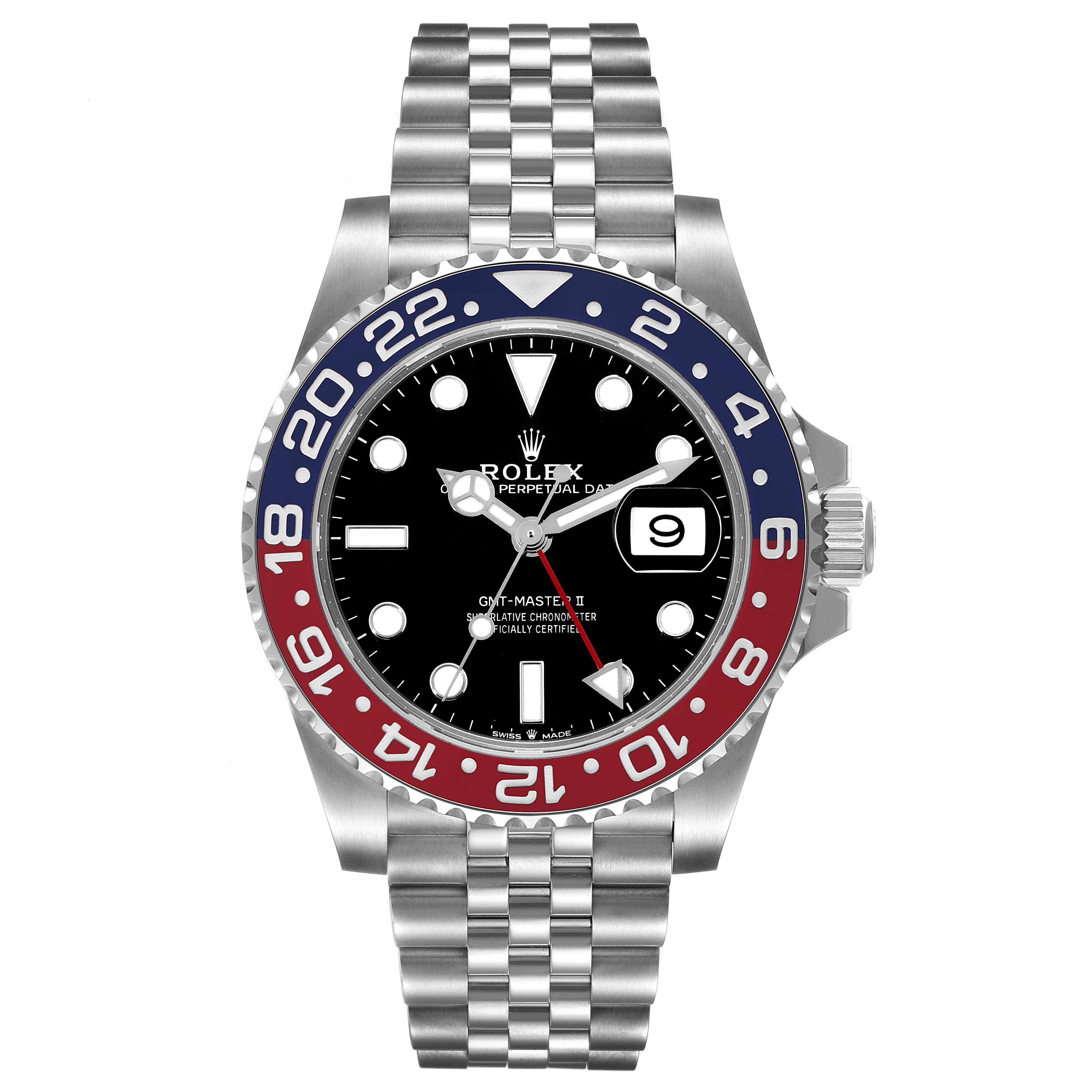 The Rolex GMT-Master 126710 Men's Stainless Steel Black Dial 126710 Men's Stainless Steel Black Dial watch is displayed from a front angle, showing its bezel, dial, hands, crown, and bracelet.