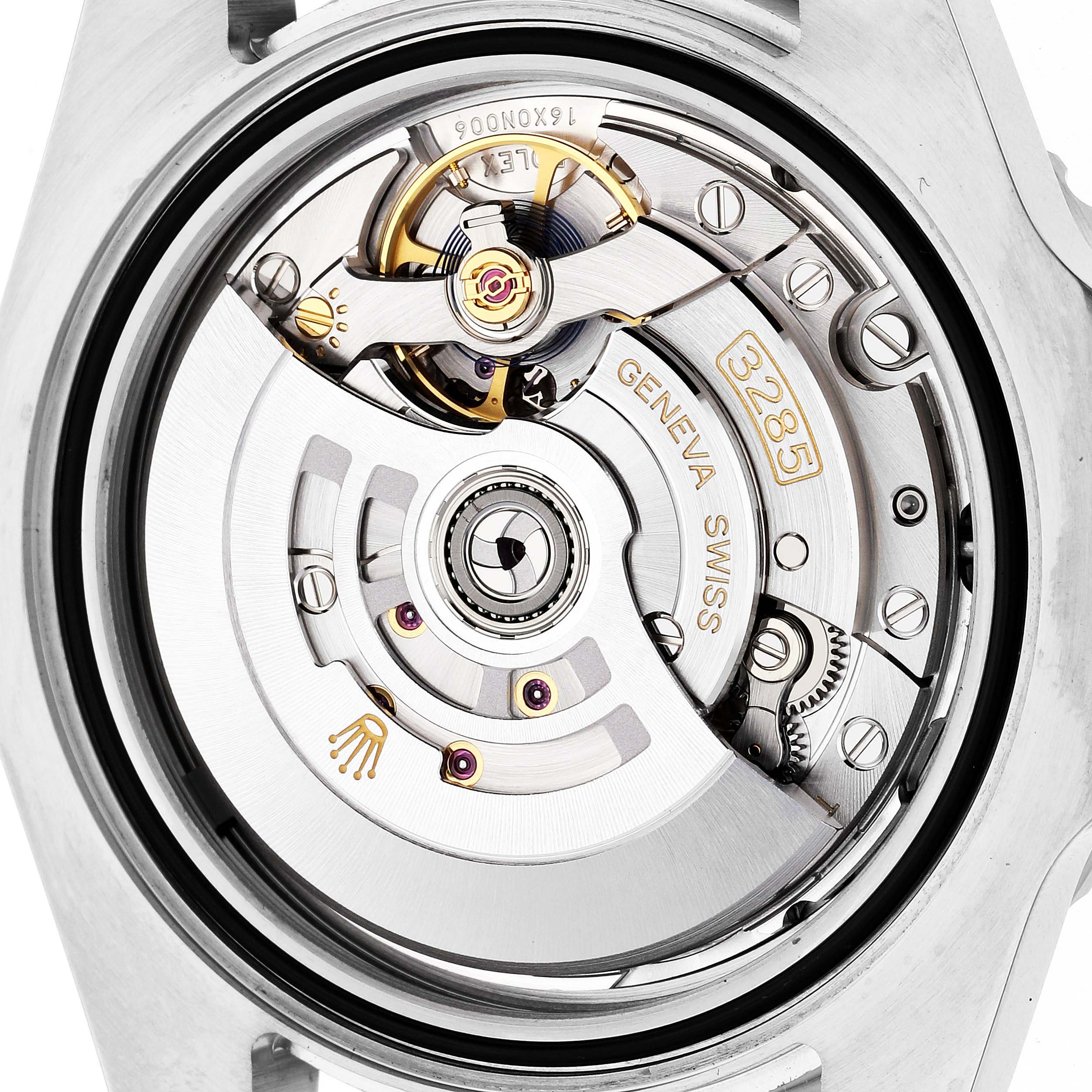 This image shows the movement and intricate internal mechanisms of a Rolex GMT-Master 126710 Men's Stainless Steel Black Dial 126710 Men's Stainless Steel Black Dial watch viewed from the back.