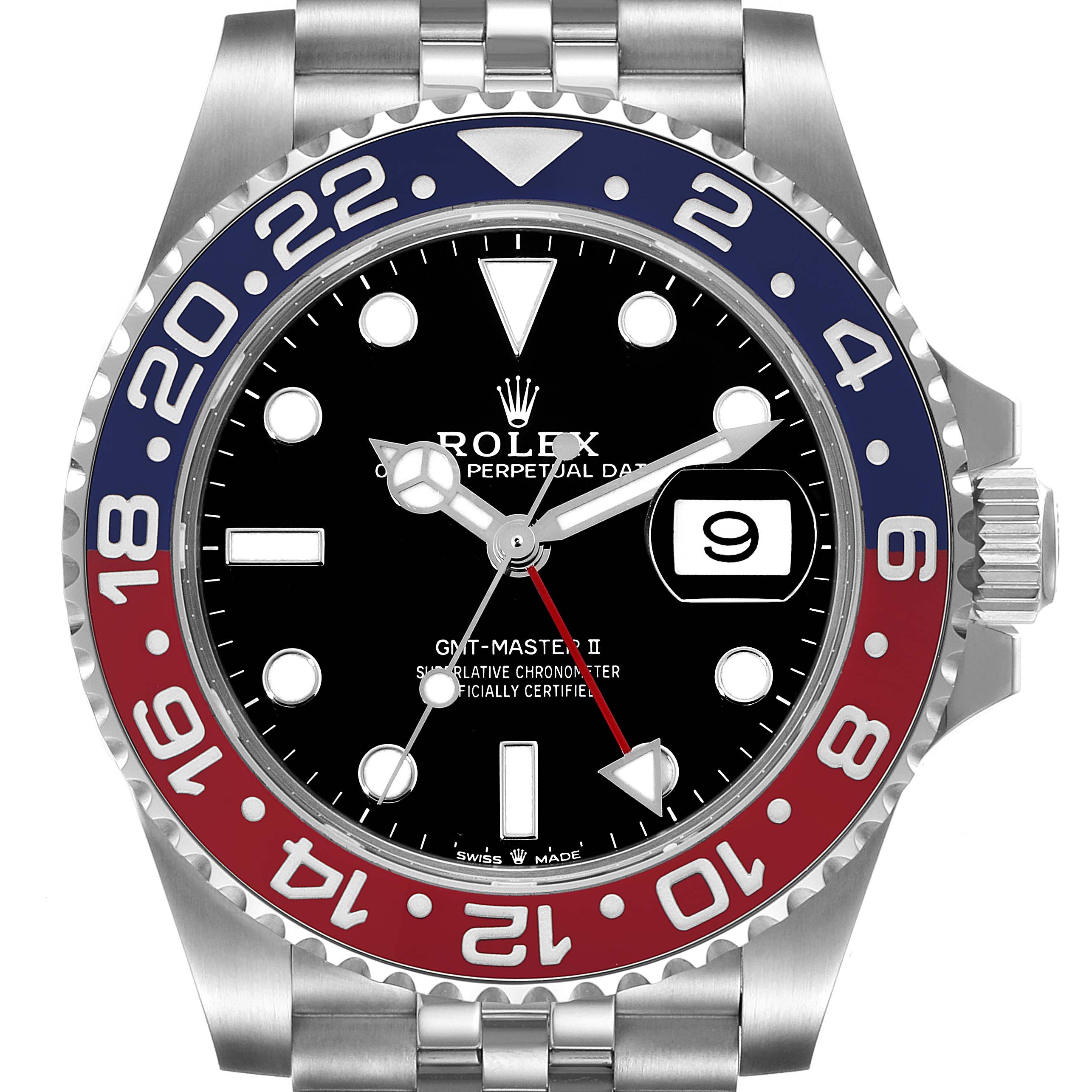 The image shows a front view of the Rolex GMT-Master 126710 Men's Stainless Steel Black Dial 126710 Men's Stainless Steel Black Dial II watch with a black dial and a red and blue bezel.