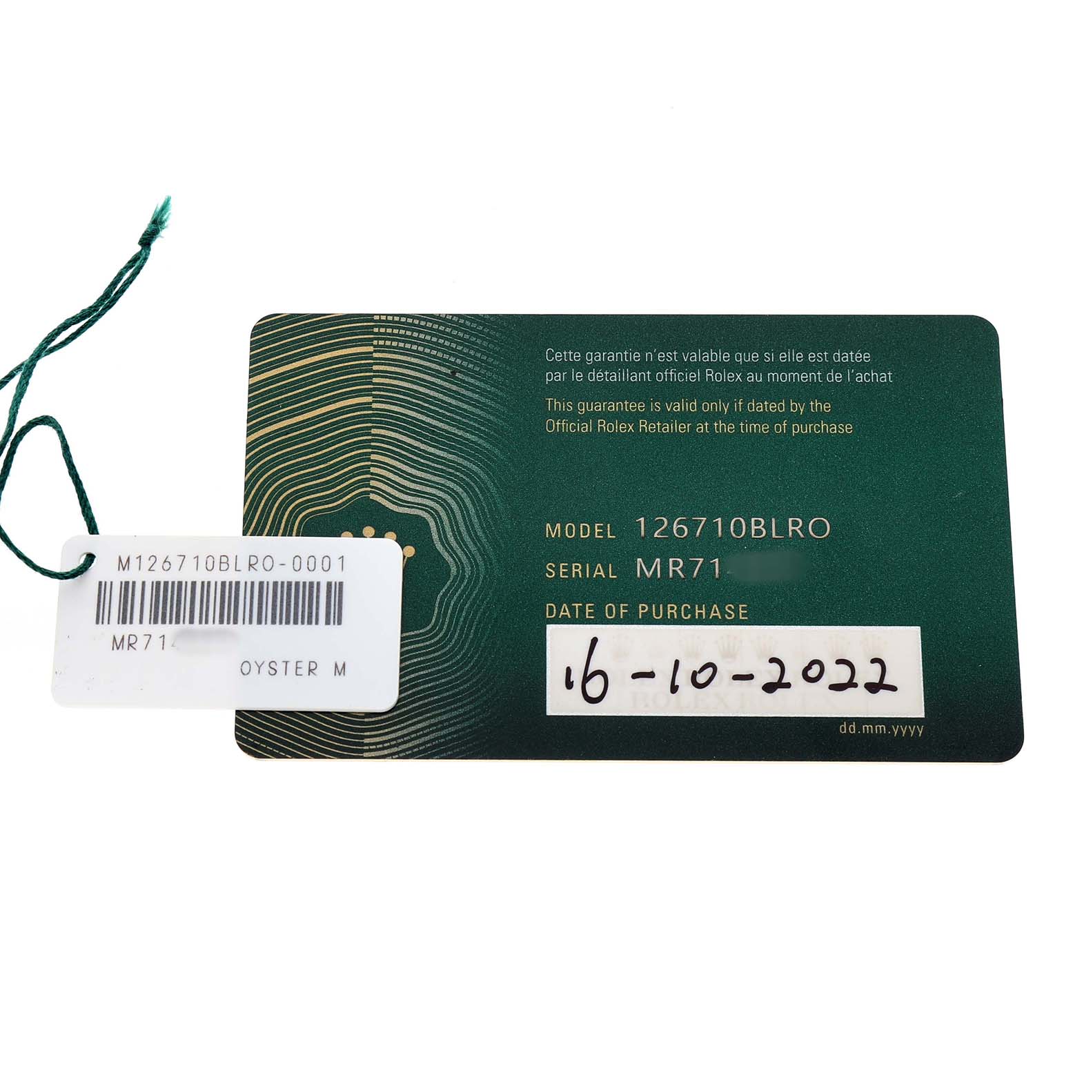 The image shows a warranty card and a tag for the Rolex GMT-Master 126710BLRO Men's Stainless Steel Black Dial, model 126710BLRO.