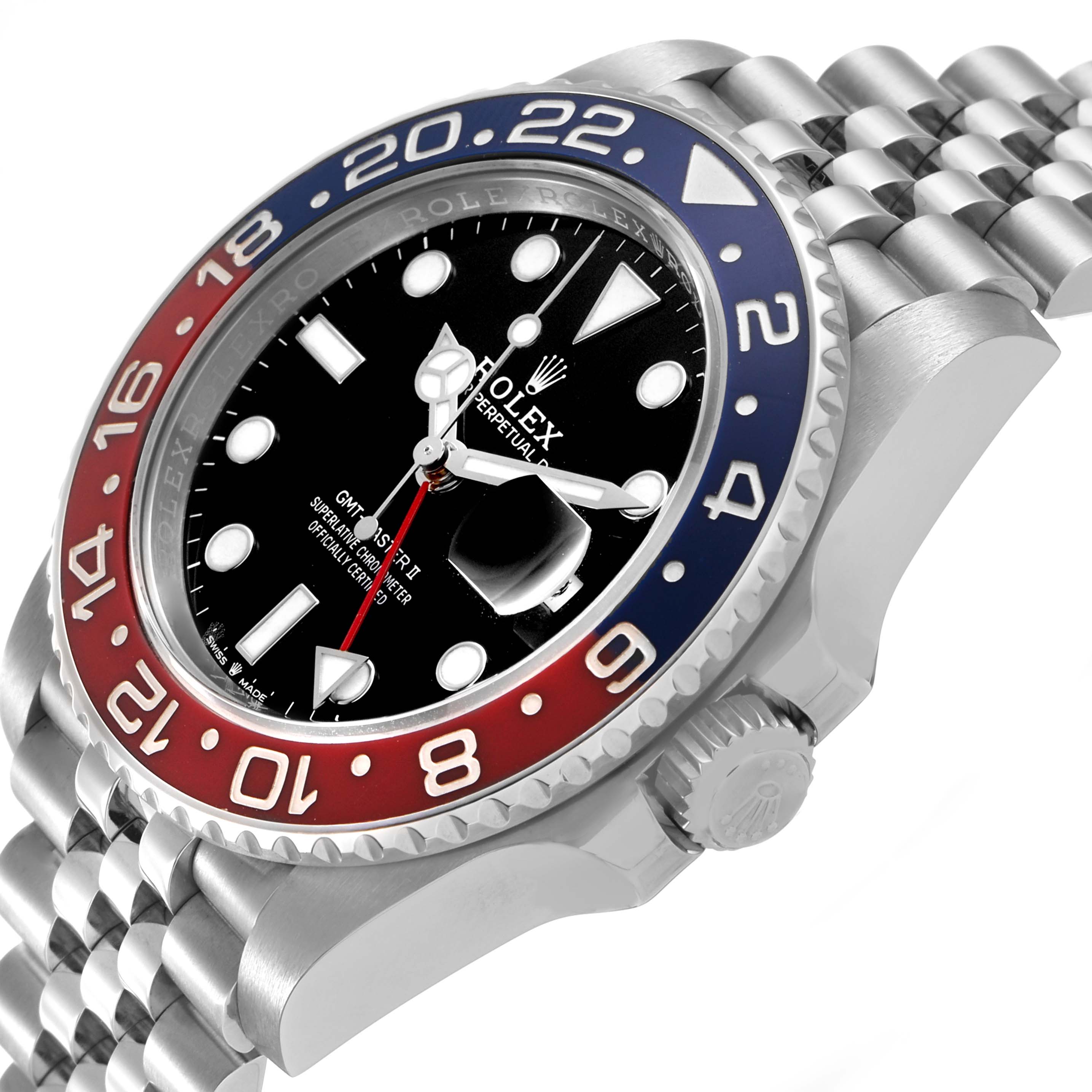 The Rolex GMT-Master 126710BLRO Men's Stainless Steel Black Dial watch is shown at an angled side view, highlighting the bezel, crown, and bracelet.