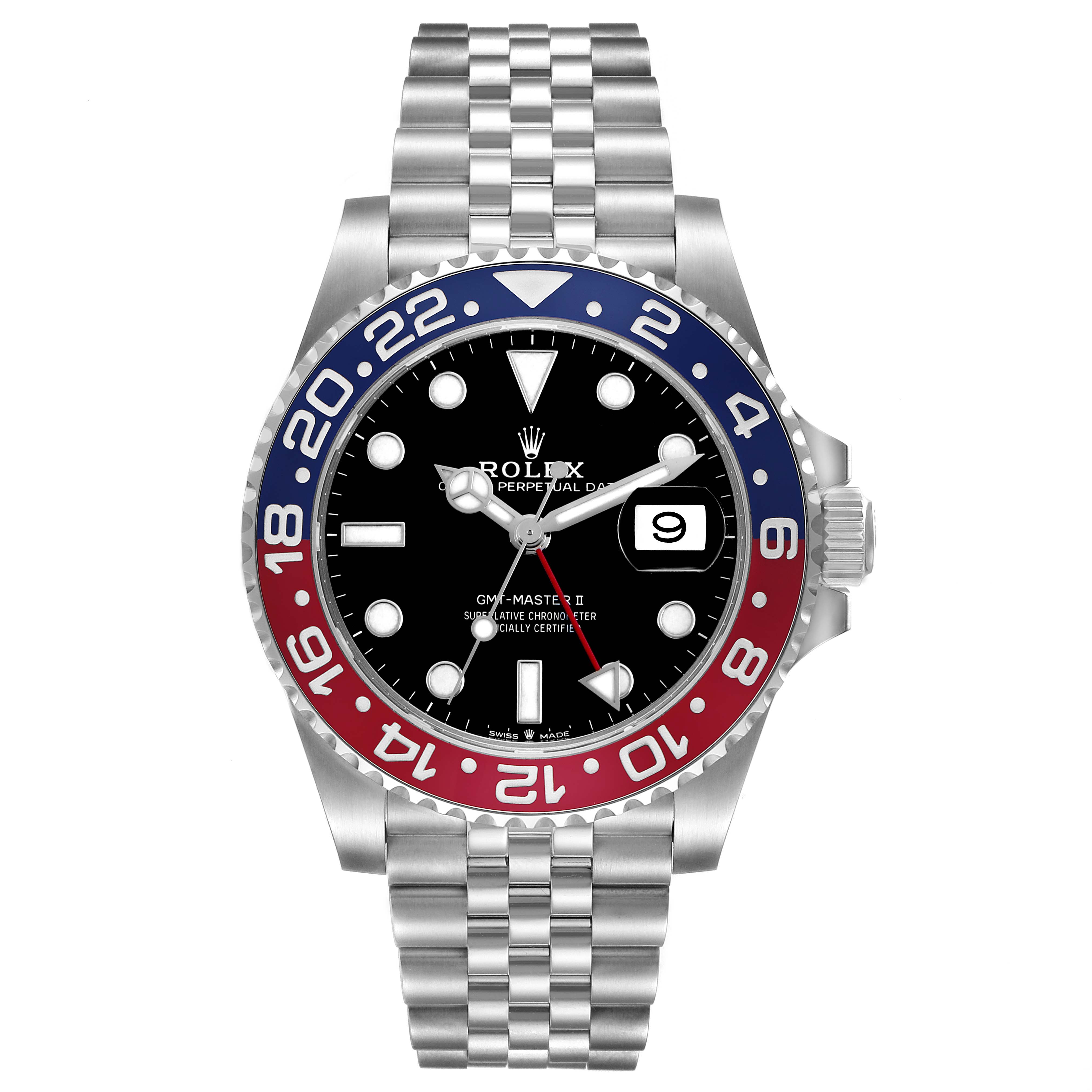 The Rolex GMT-Master 126710BLRO Men's Stainless Steel Black Dial model is shown from the front, featuring a blue and red bezel, black dial, jubilee bracelet, and date window.
