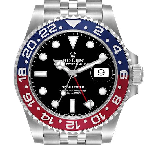 The image shows a frontal view of a Rolex GMT-Master 126710BLRO Mens Stainless Steel Black Dial II watch, highlighting the bezel, dial, hands, and date window.