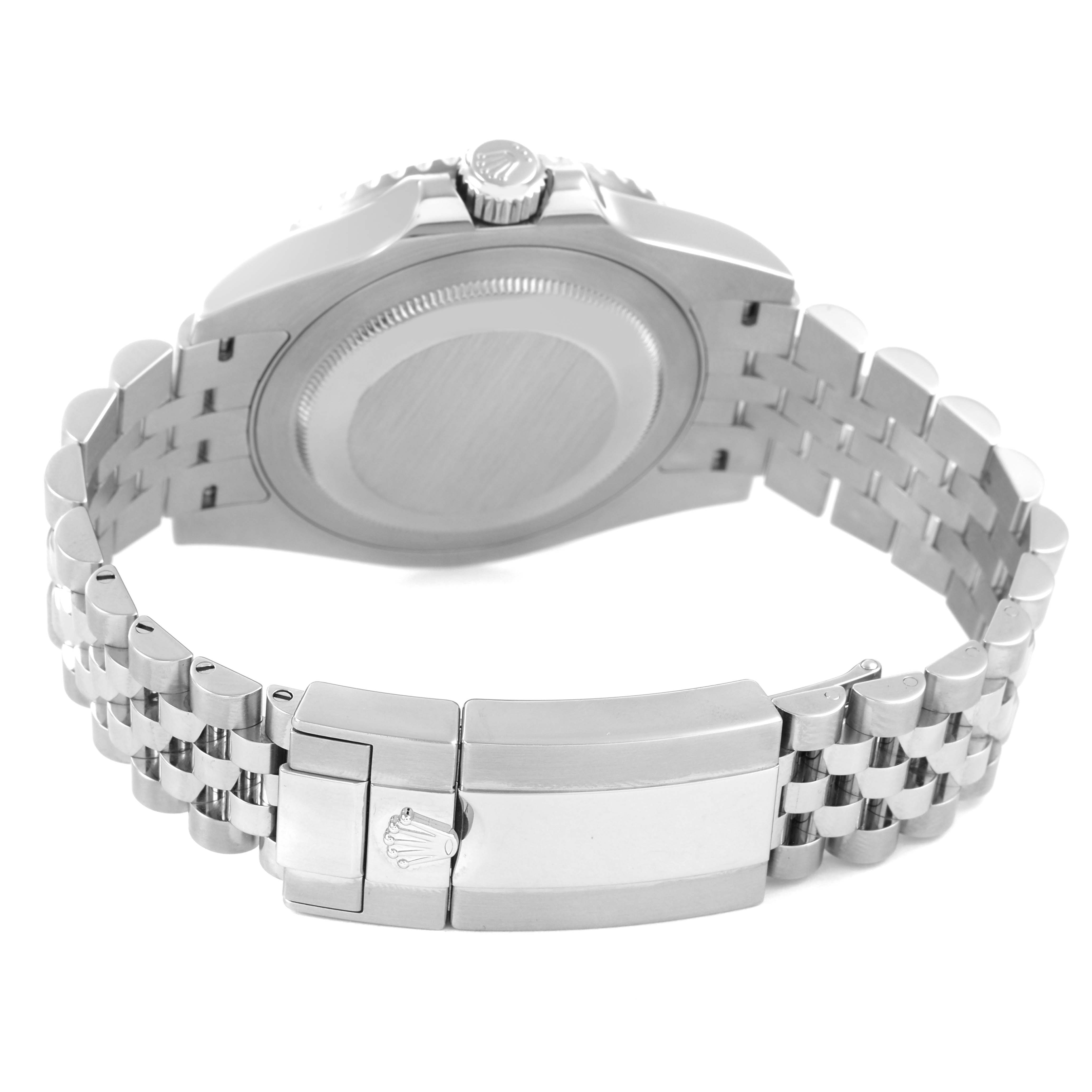 The Rolex GMT-Master 126710BLRO Men's Stainless Steel Black Dial watch is shown from the rear, highlighting the bracelet, clasp, case back, and crown.