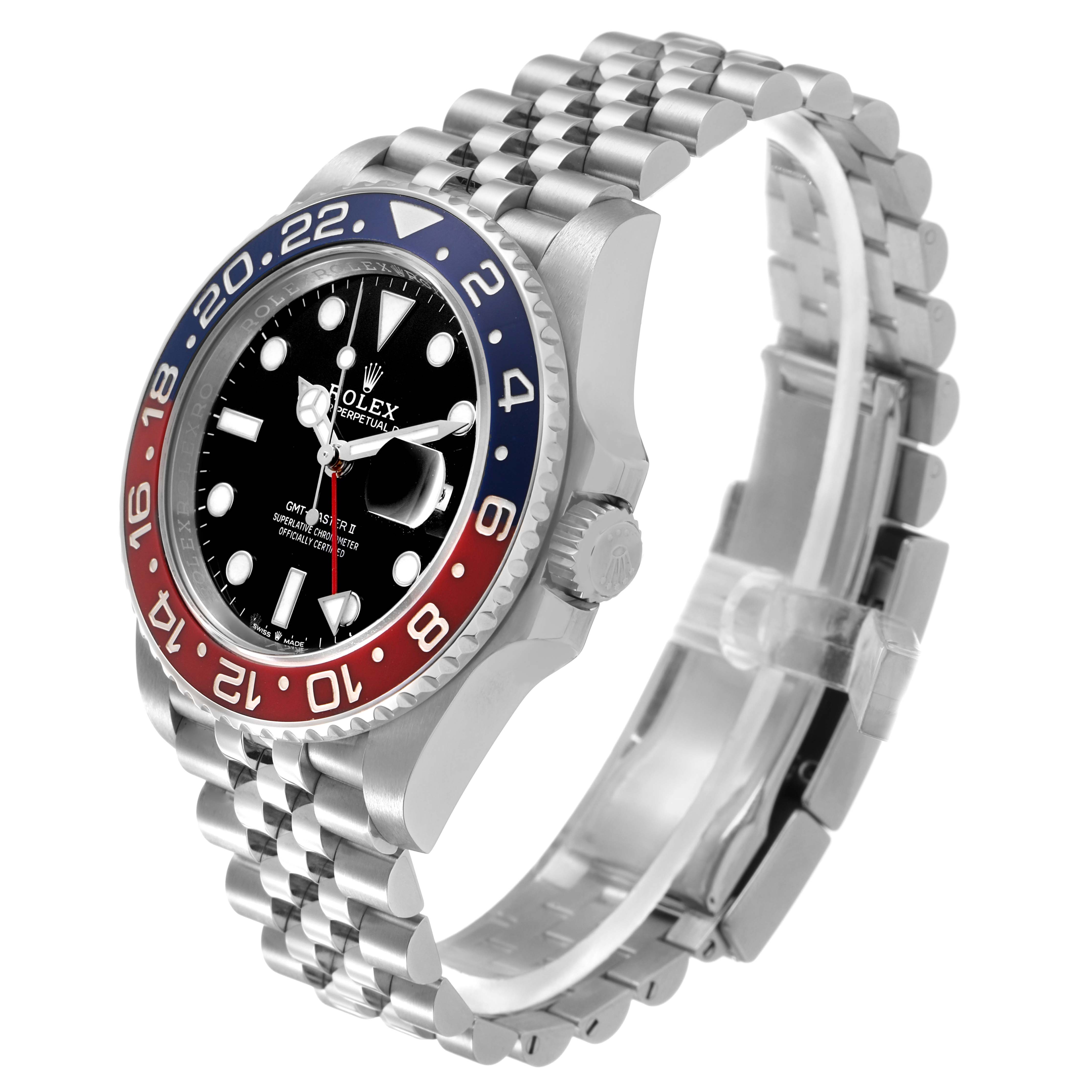 The Rolex GMT-Master 126710BLRO Men's Stainless Steel Black Dial watch is shown at a three-quarter angle, highlighting the bezel, face, and Jubilee bracelet.