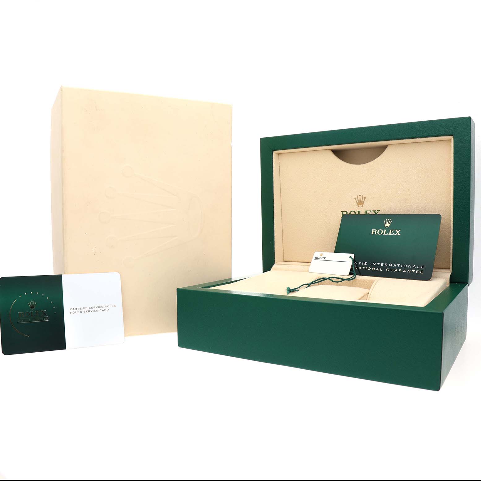 The image shows the packaging and accessories for a Rolex GMT-Master 126710BLRO Men's Stainless Steel Black Dial, including a green box, warranty card, and service booklet.