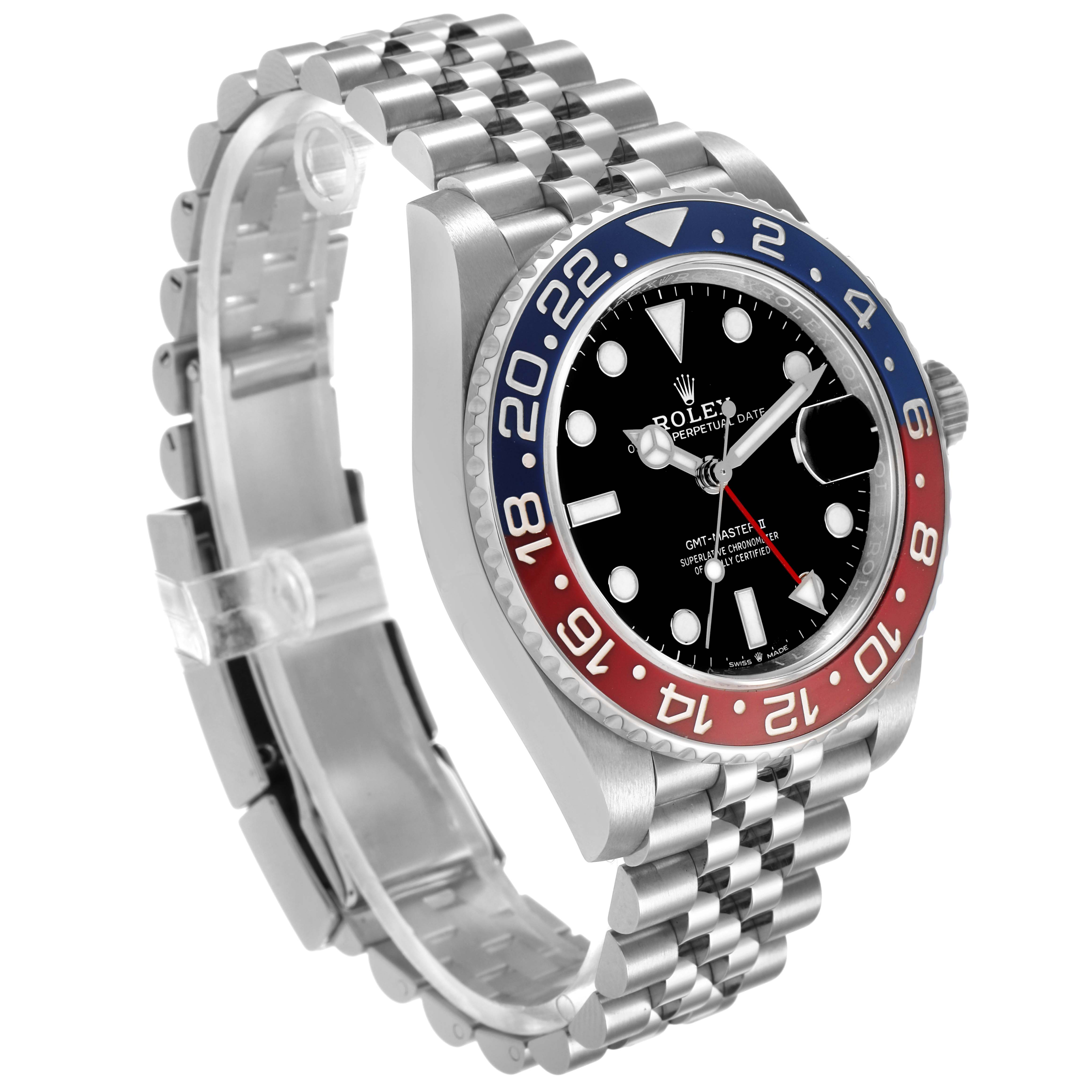The Rolex GMT-Master 126710BLRO Men's Stainless Steel Black Dial watch is shown at a slightly angled side view, showcasing the bezel, dial, and part of the bracelet.