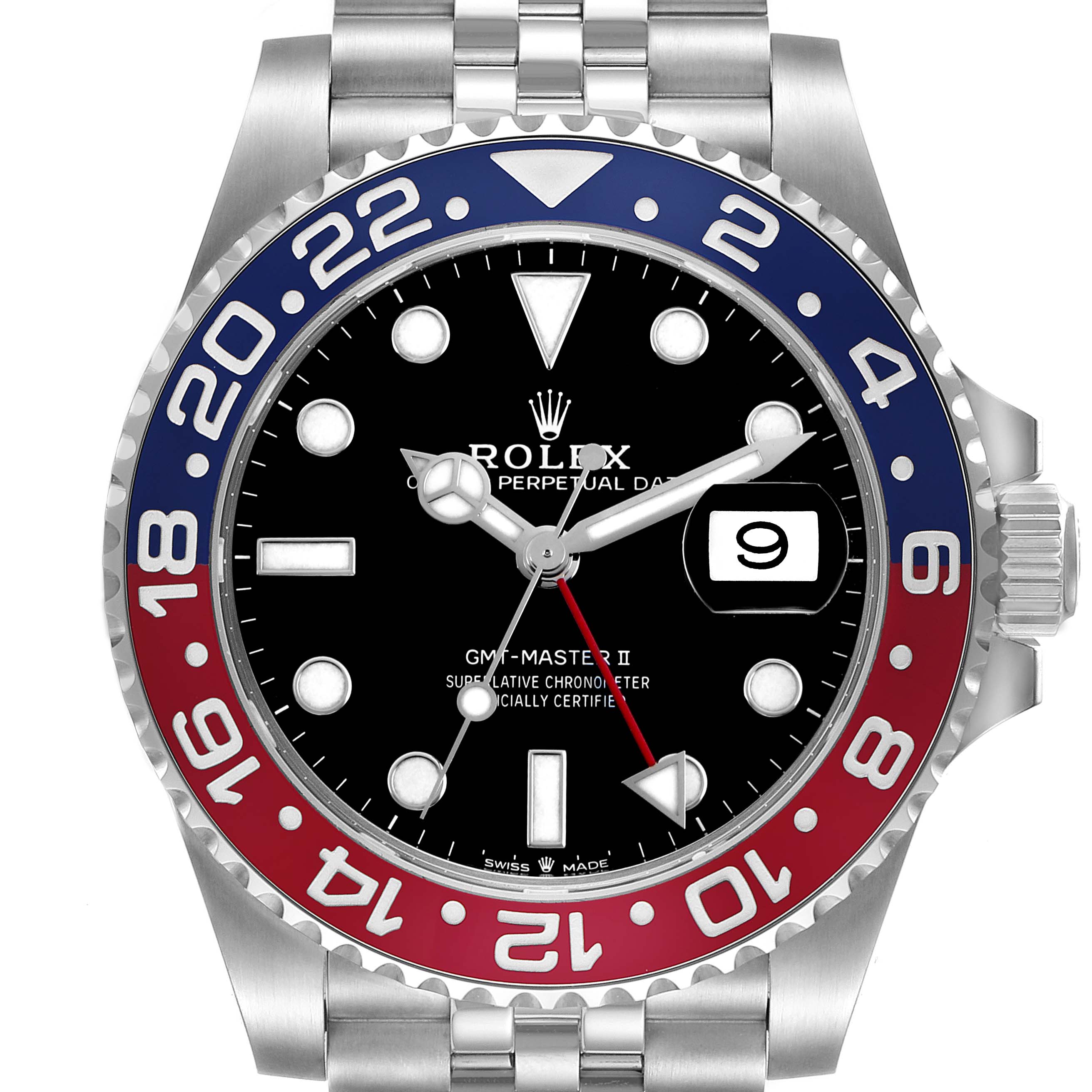 The image shows a front view of the Rolex GMT-Master 126710BLRO Men's Stainless Steel Black Dial II, highlighting the bezel, dial, hands, and bracelet.